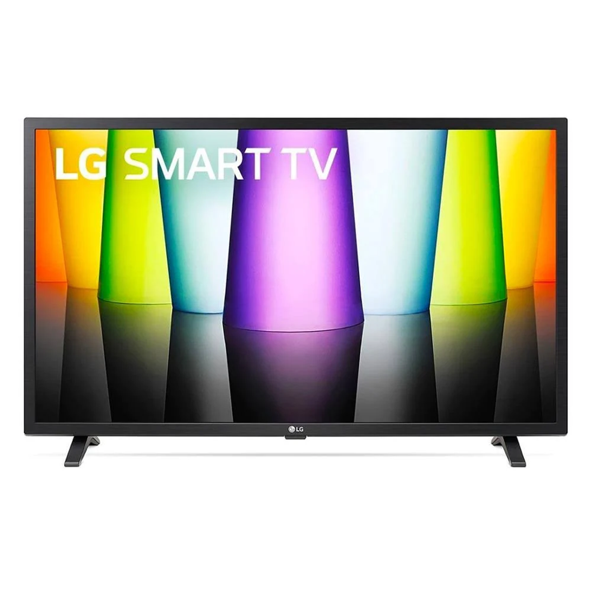 Vista frontale di un TV LG Smart nero con uno sfondo astratto colorato sullo schermo.