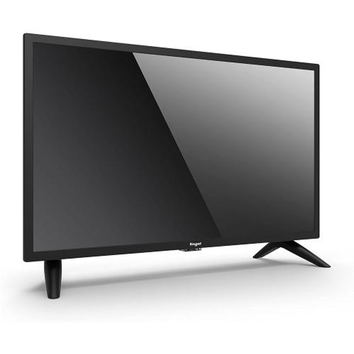 Czarny ekran telewizora o eleganckim designie i czarnych nóżkach. Ekran jest wyłączony, odbija światło.