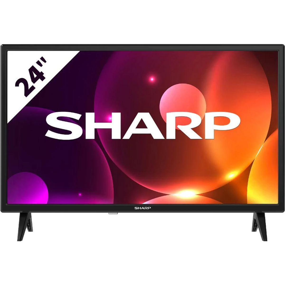 Televisor Sharp de 24 pulgadas con pantalla colorida. El televisor está sobre un soporte. La pantalla muestra la marca.