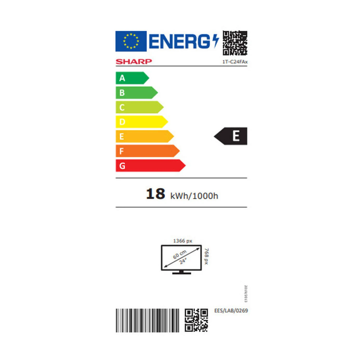 Etiqueta de eficiencia energética para un televisor. Muestra la clase energética 'E' y el consumo de energía.
