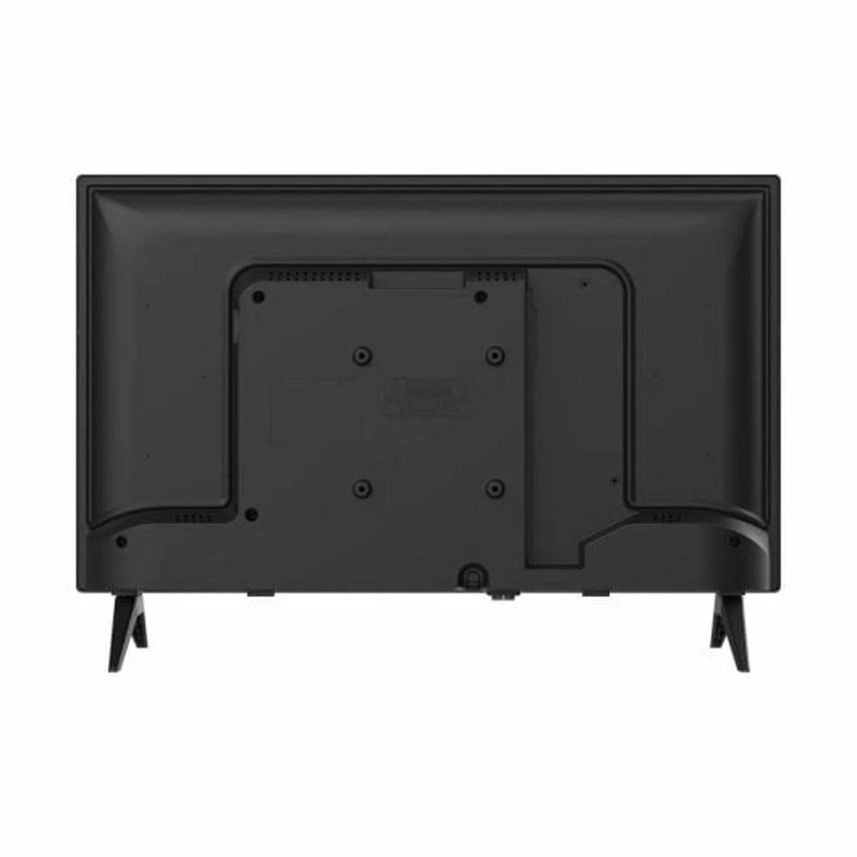 Panel trasero de TV negro con puertos y orificios de montaje, con soporte en la parte inferior.