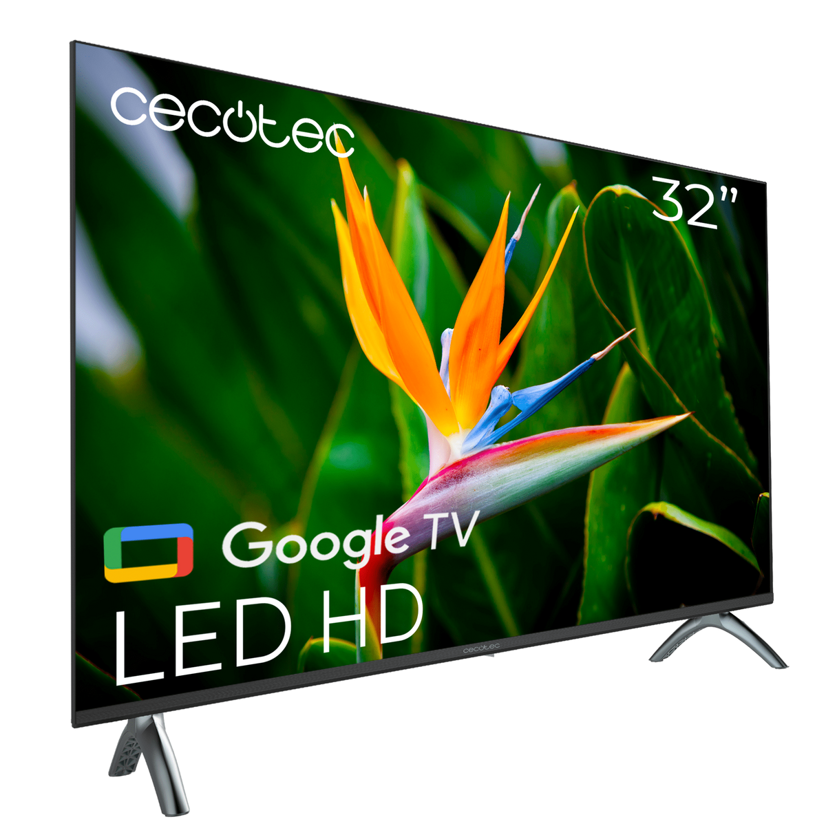 Telewizor Cecotec wyświetla kolorowe tło z kwiatem, widoczne są etykiety Google TV i LED HD.