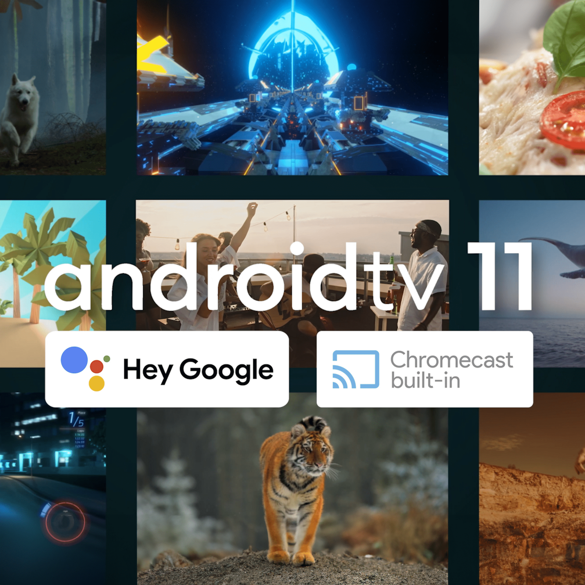 Kolaż prezentujący funkcje Android TV 11, w tym Hey Google i Chromecast.