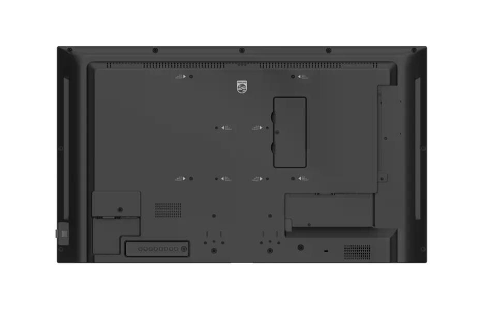 Tył czarnego telewizora, pokazujący porty i połączenia.