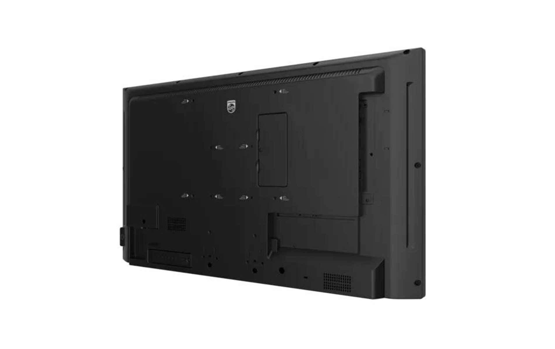 Widok z tyłu czarnego telewizora. Tył jest gładko czarny z kilkoma portami i punktami połączeń.