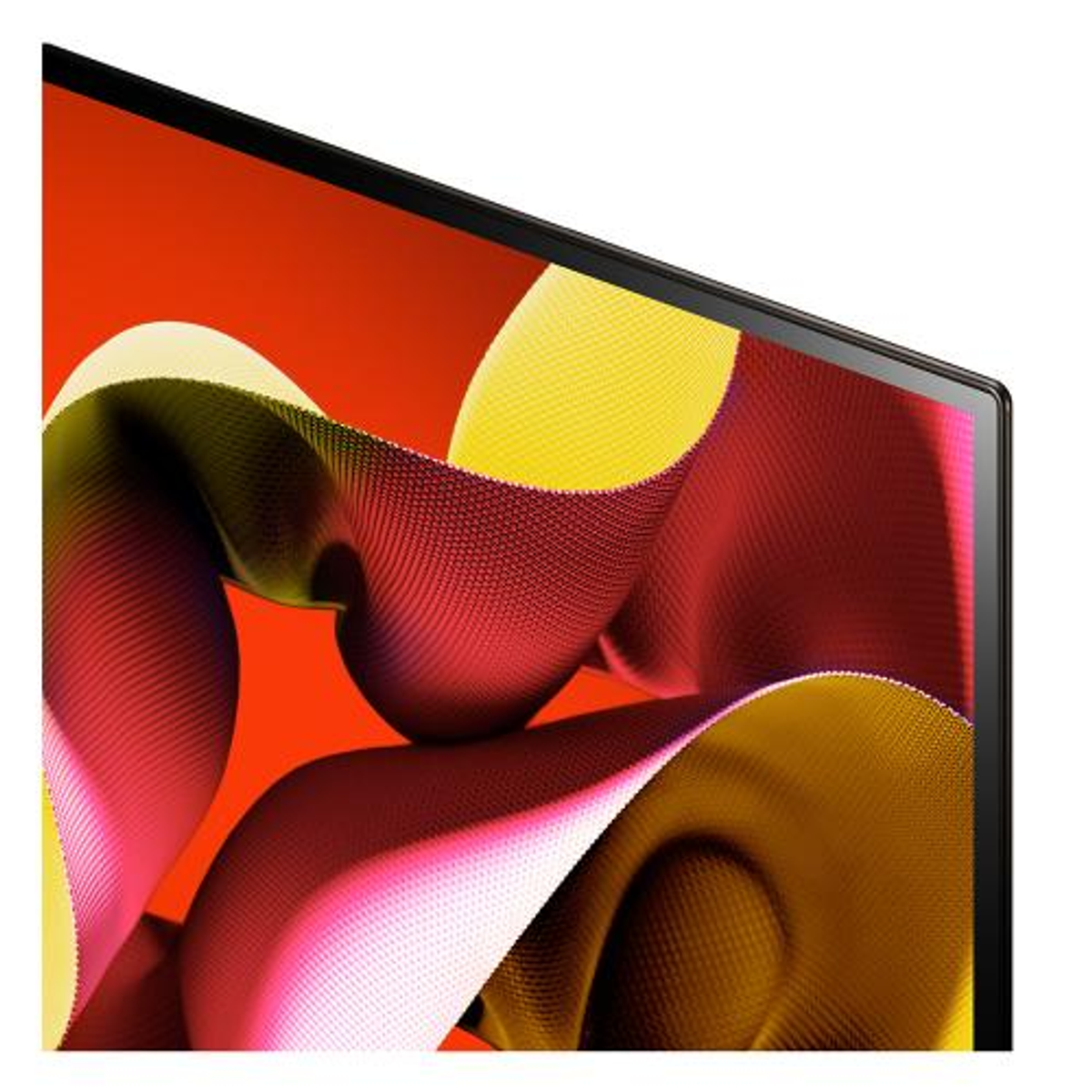 Zbliżenie ekranu telewizora z abstrakcyjnymi, kolorowymi i falistymi kształtami.