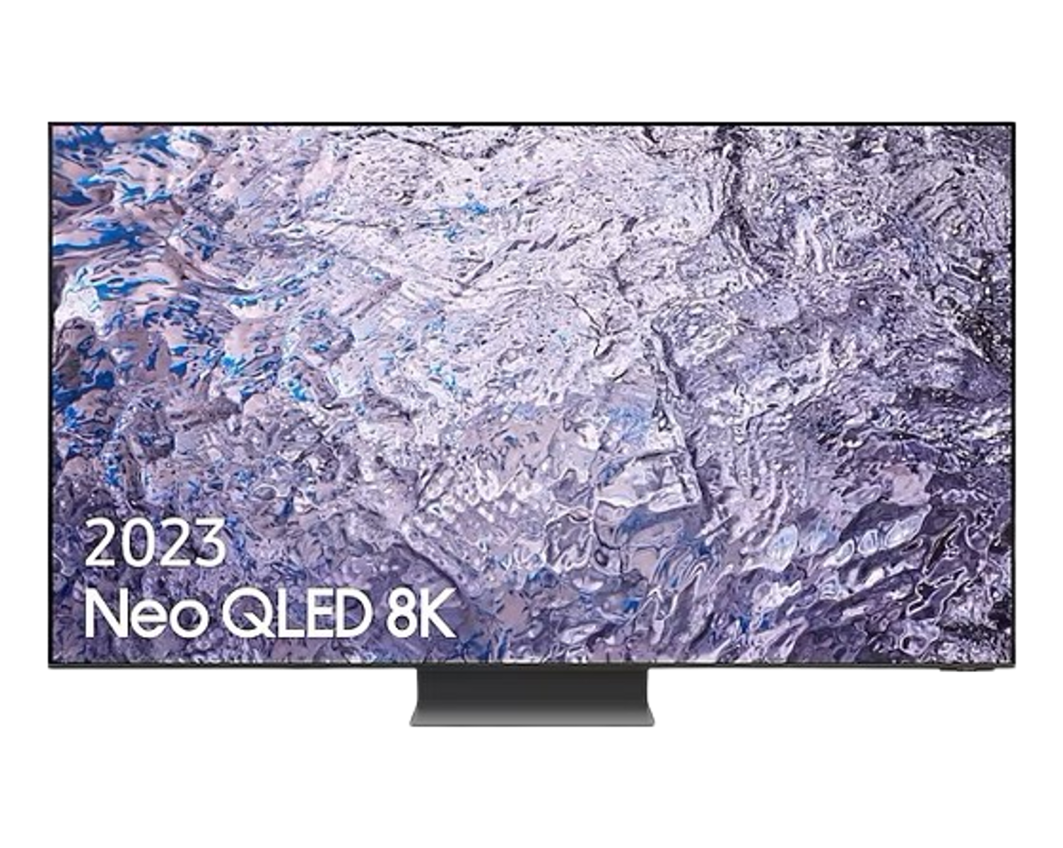 Ekran telewizora 2023 Neo QLED 8K wyświetlający teksturowany, abstrakcyjny obraz. Czarna ramka, czarne tło.