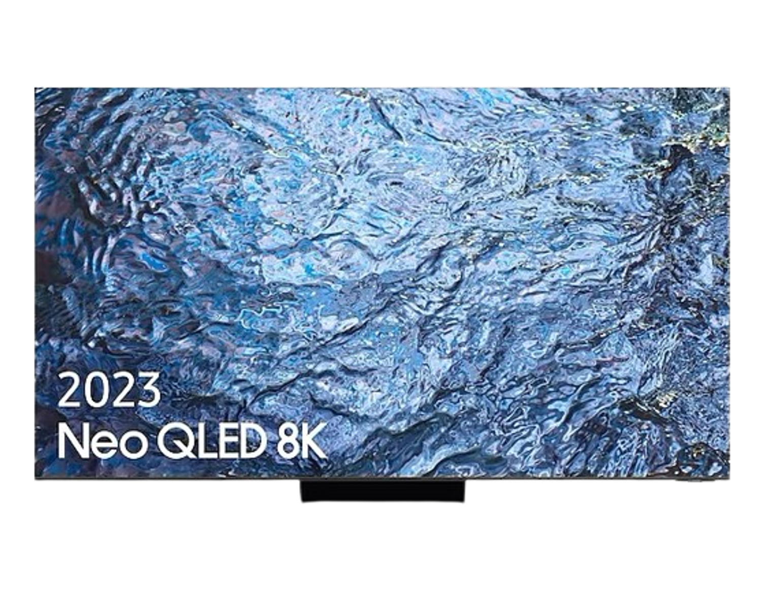 Duży, nowoczesny ekran telewizora z napisem '2023 Neo QLED 8K' na ciemnym tle.