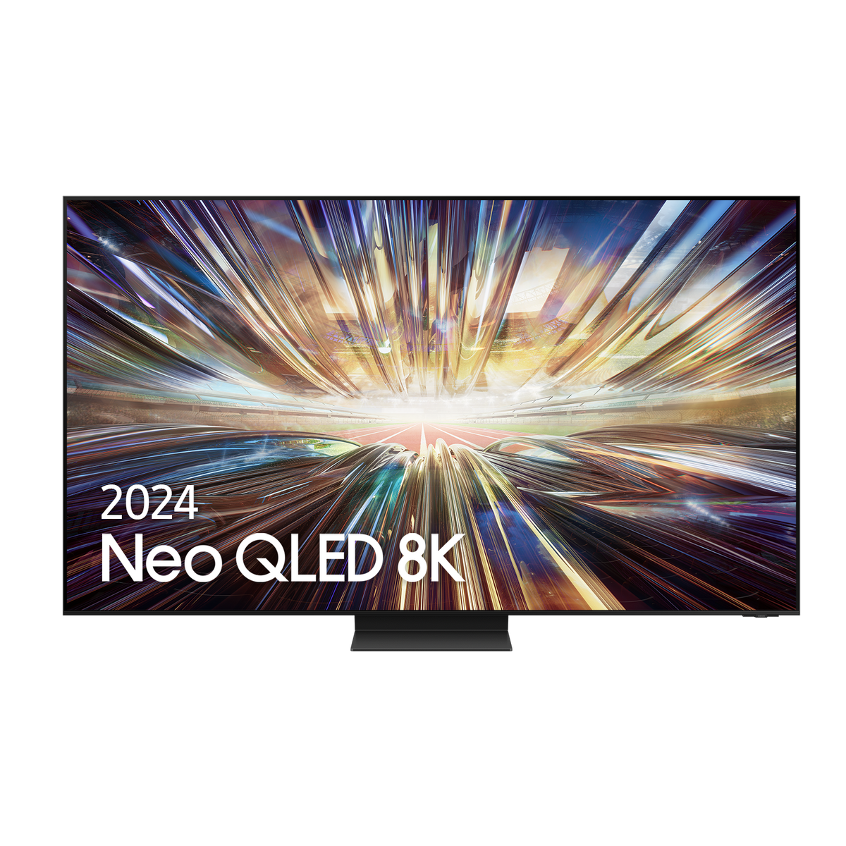 Duży czarny ekran telewizora z wyświetlonym tekstem '2024 Neo QLED 8K'.