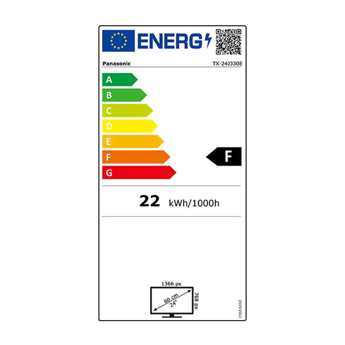 Etichetta di efficienza energetica per un televisore Panasonic. Mostra il consumo energetico e le valutazioni di efficienza (F).