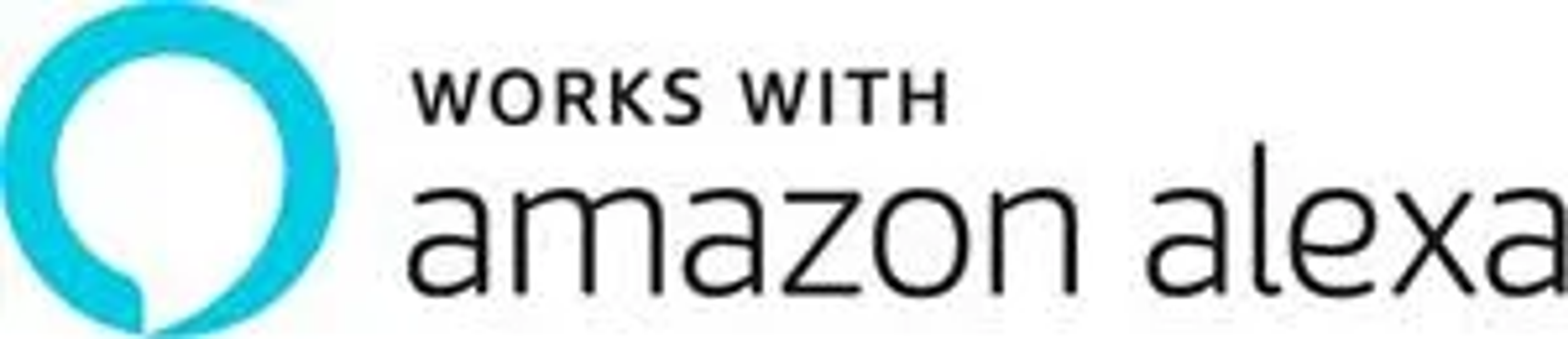 Logo Amazon Alexa: cerchio turchese con mezzaluna bianca, testo 'WORKS WITH amazon alexa'.