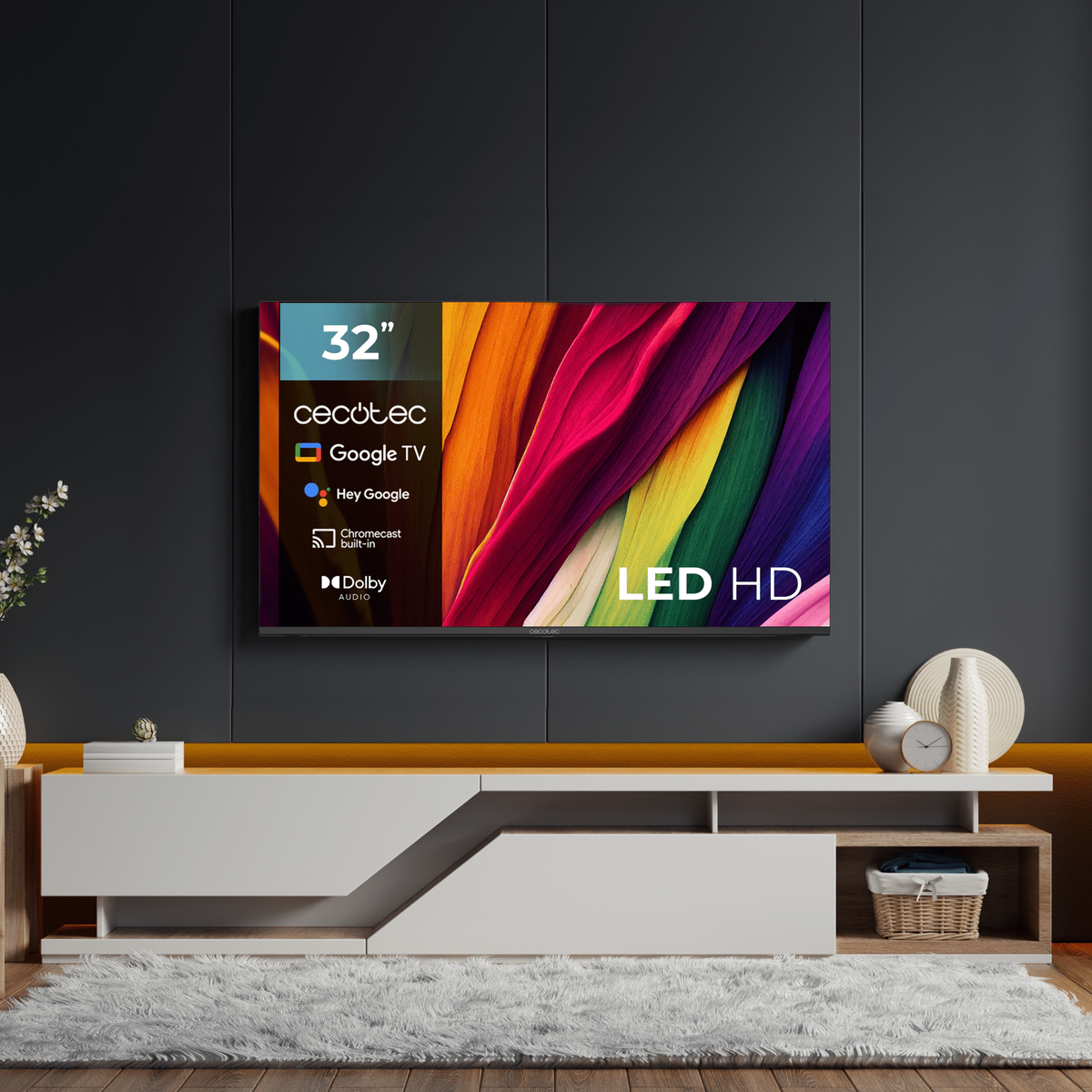 Primer plano de pantalla de TV con patrones y imágenes abstractas.