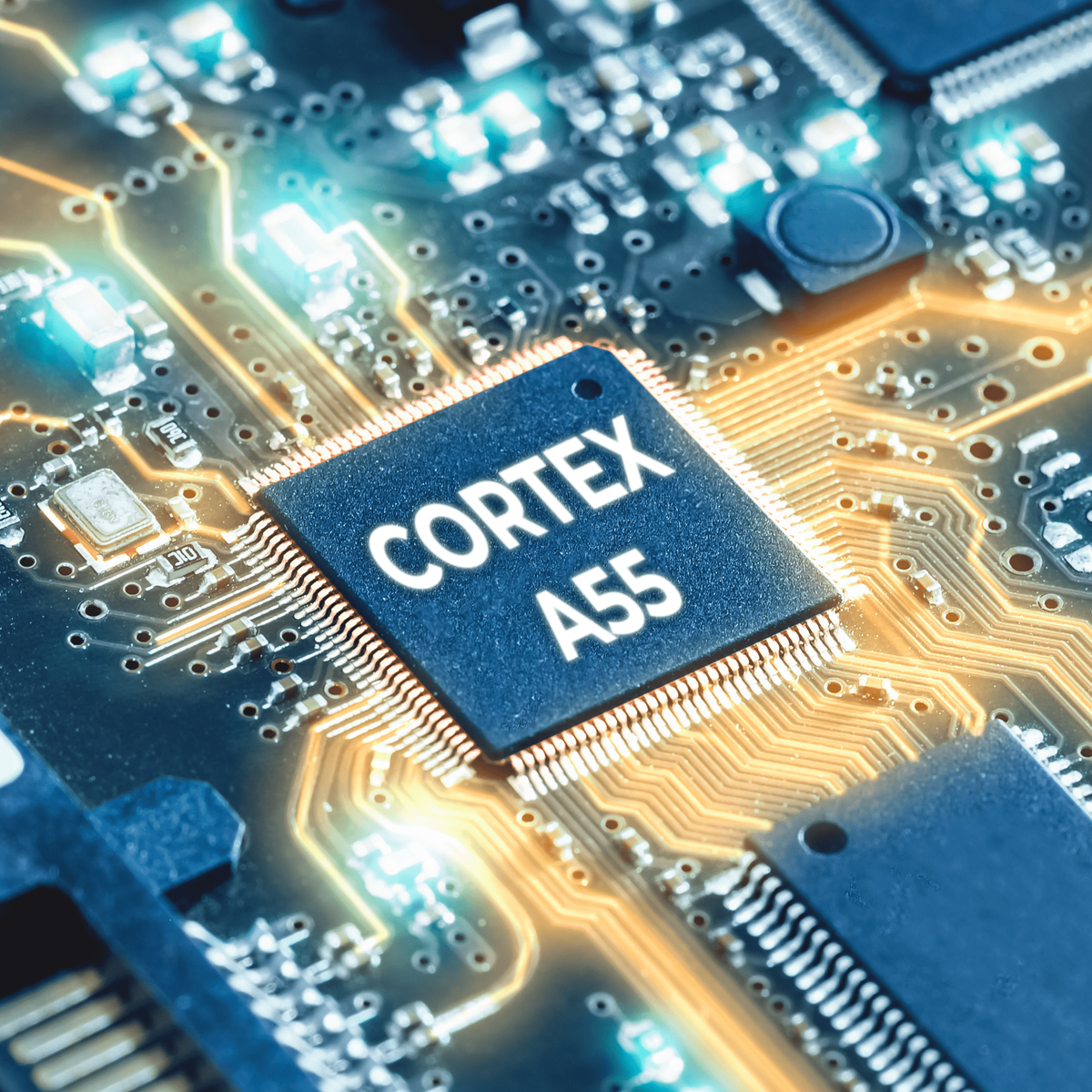 Primer plano de una placa de circuito azul con un procesador etiquetado CORTEX A55. Se ven líneas doradas.