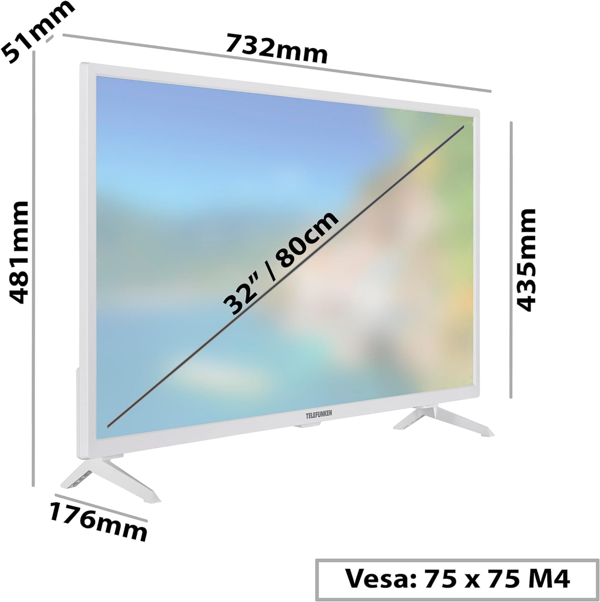 Un televisor blanco con dimensiones etiquetadas. Una pantalla gris muestra una escena de fondo suave.
