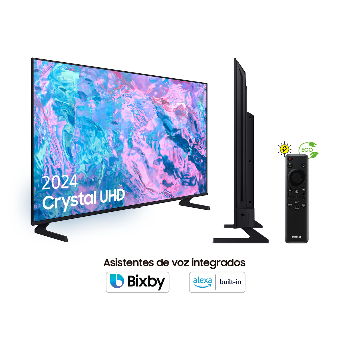 TV Samsung, telecomando e loghi assistente vocale su bianco.