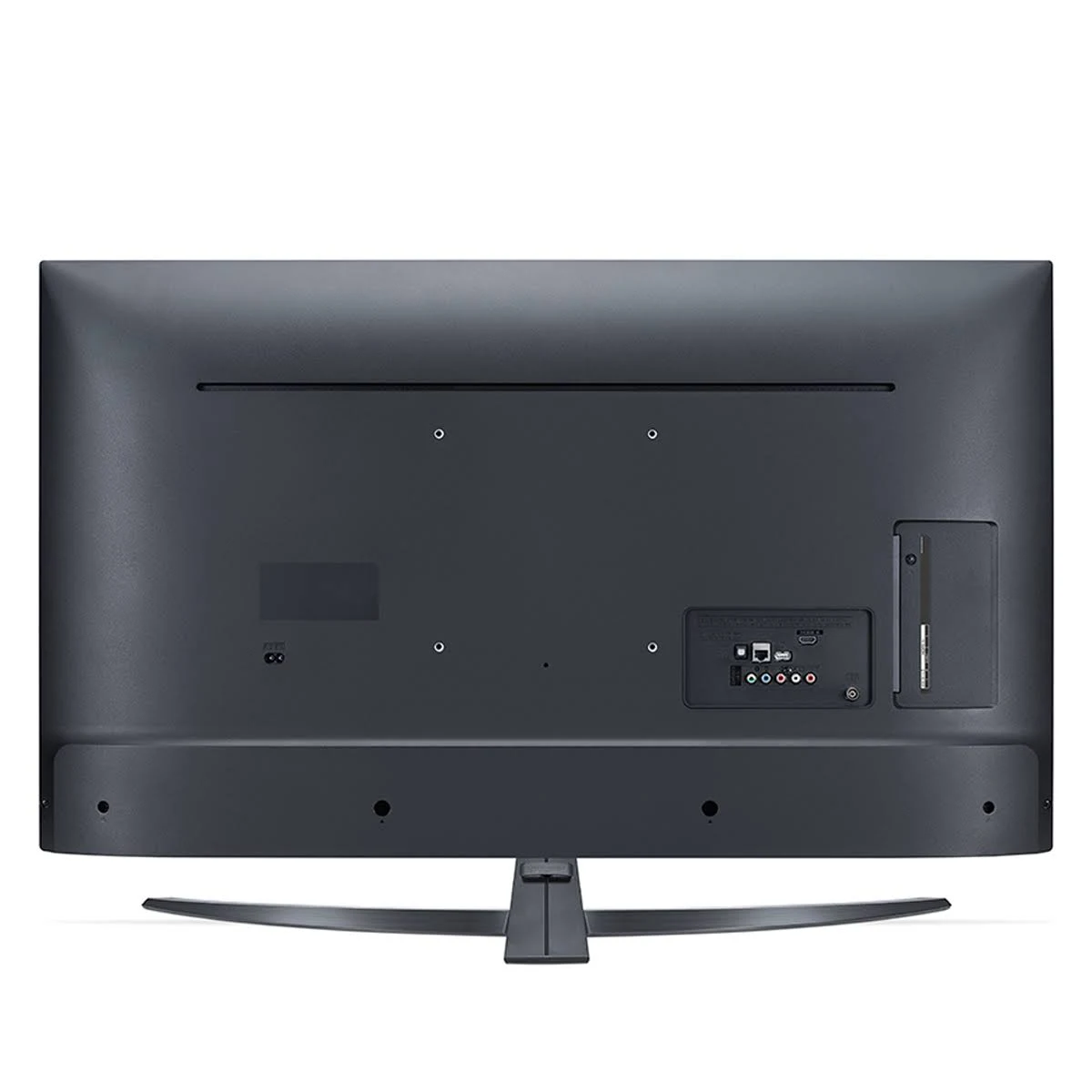 Vista posteriore di una TV grigio scuro con porte e un supporto.
