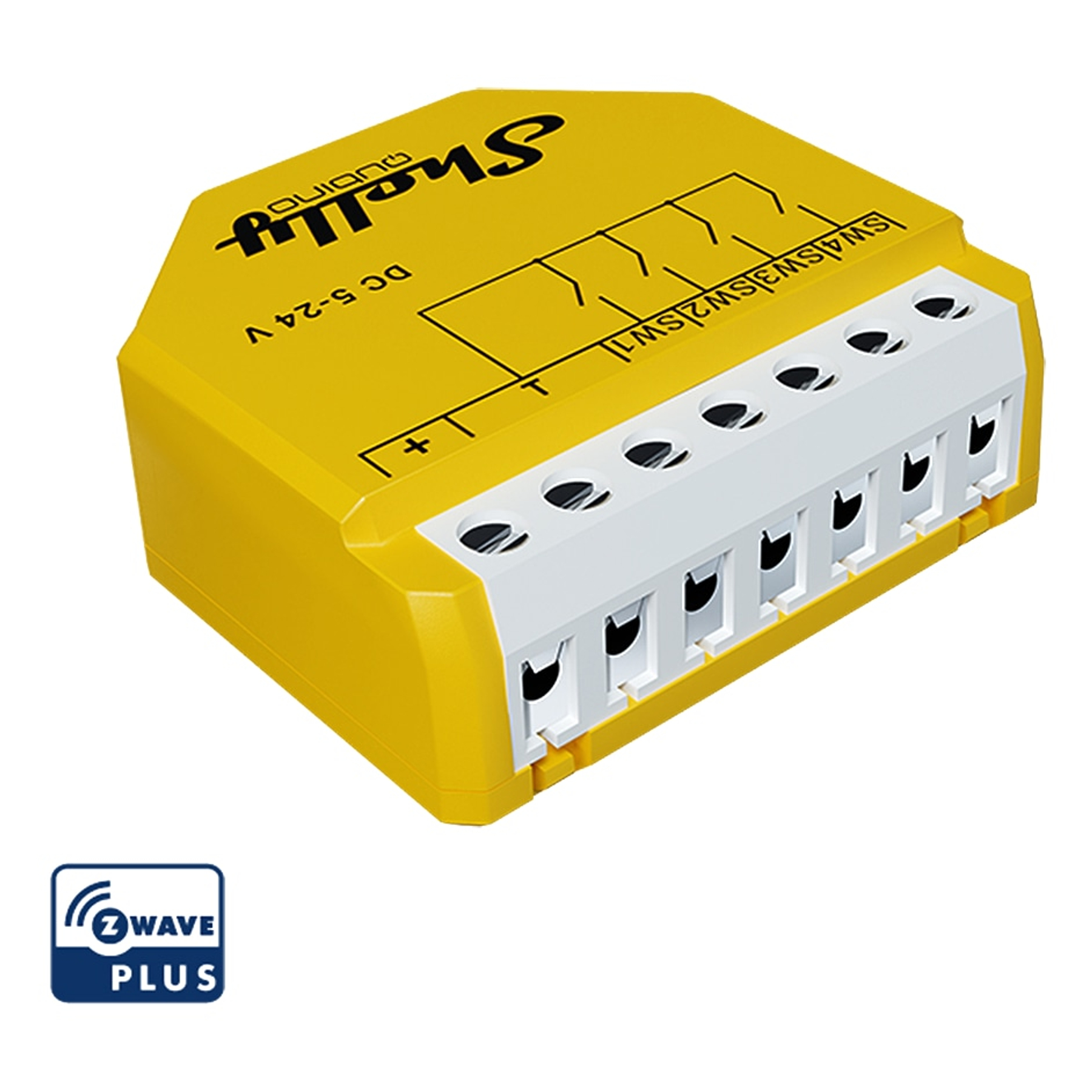 Contrôleur domotique jaune avec bornes blanches, texte noir et logo Z-Wave Plus.