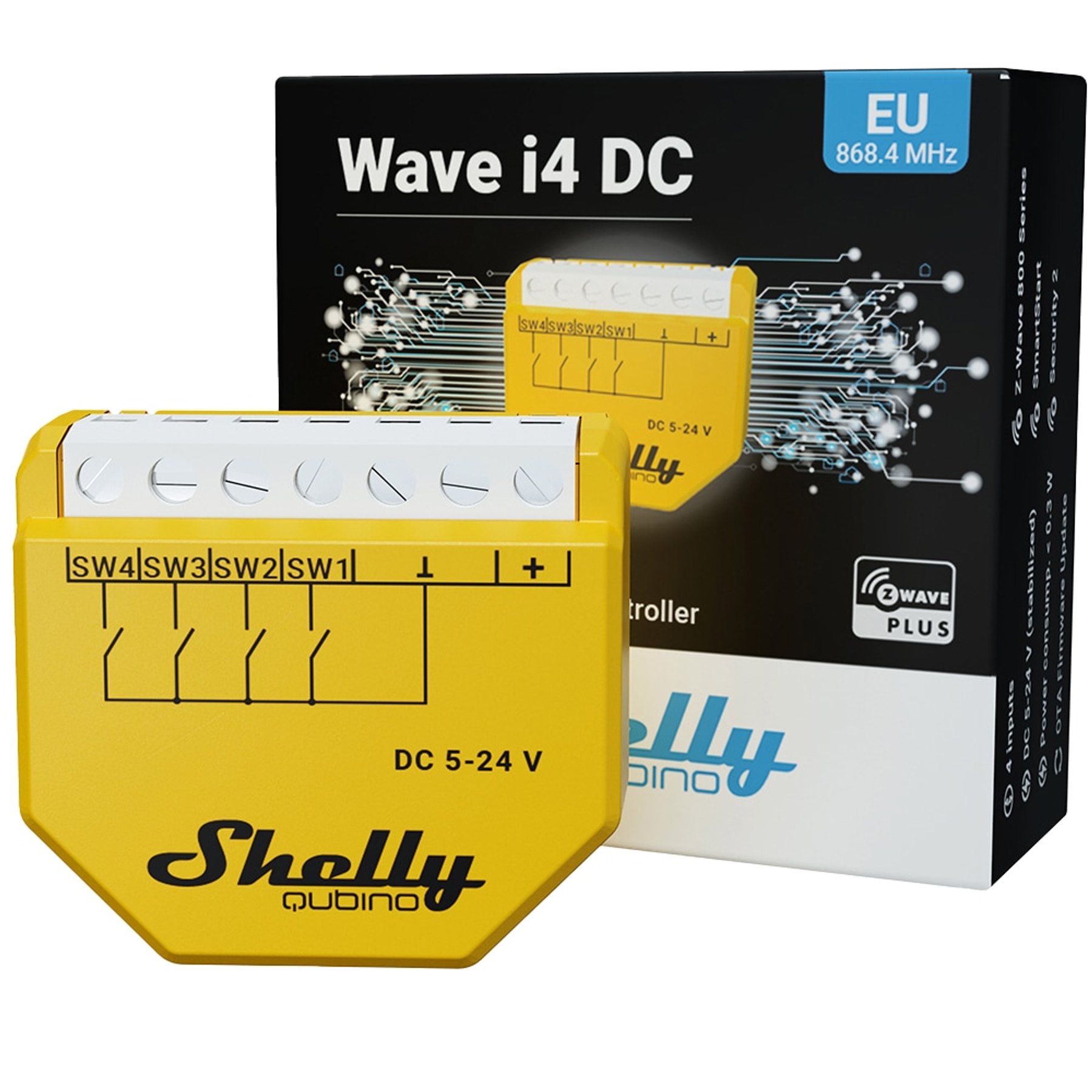 Contrôleur jaune Shelly Wave i4 DC. Inclut une boîte, un diagramme et du texte.