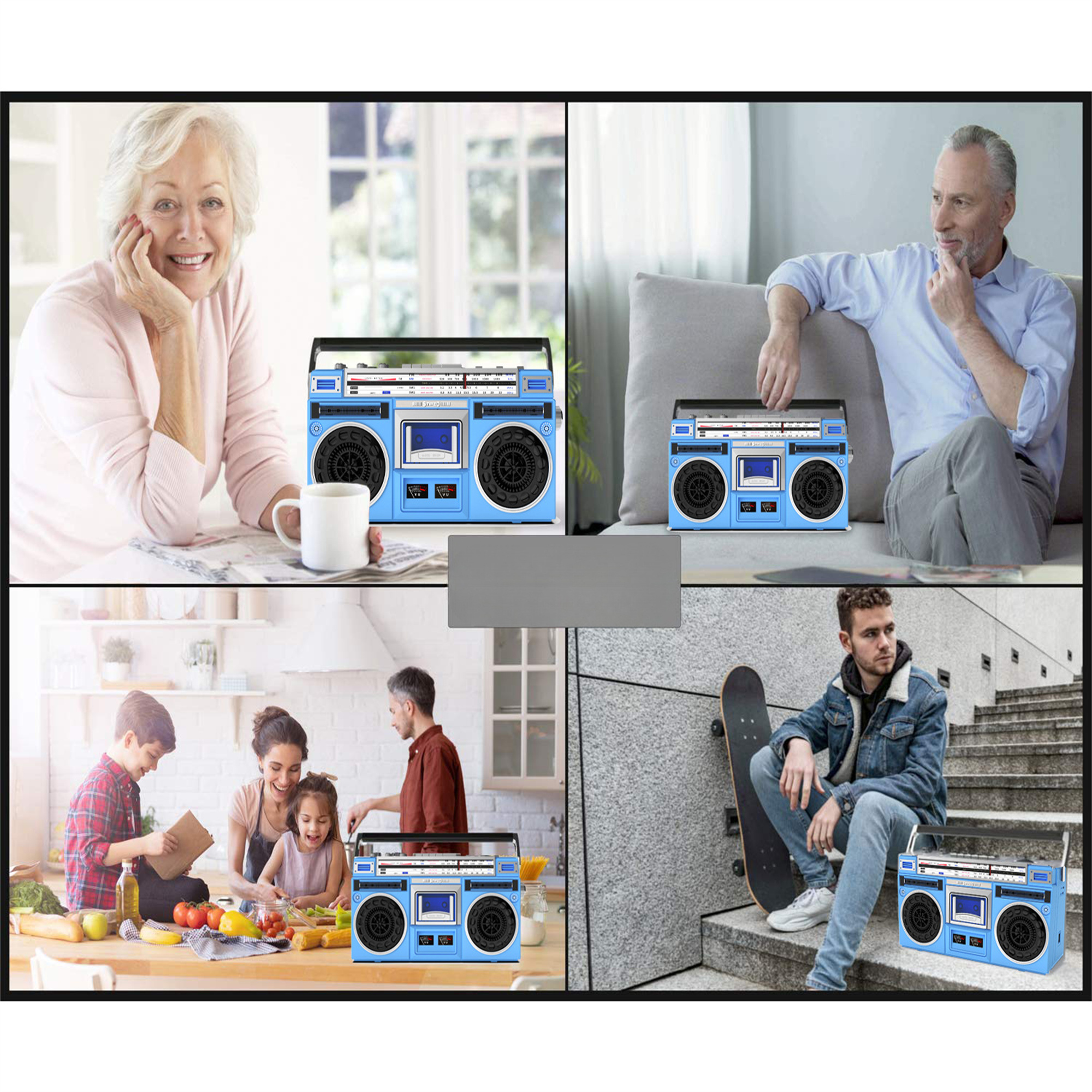 Ein viergeteiltes Bild von Personen mit einer blauen Boombox. Szenen umfassen eine Frau, einen Mann und eine Familie.