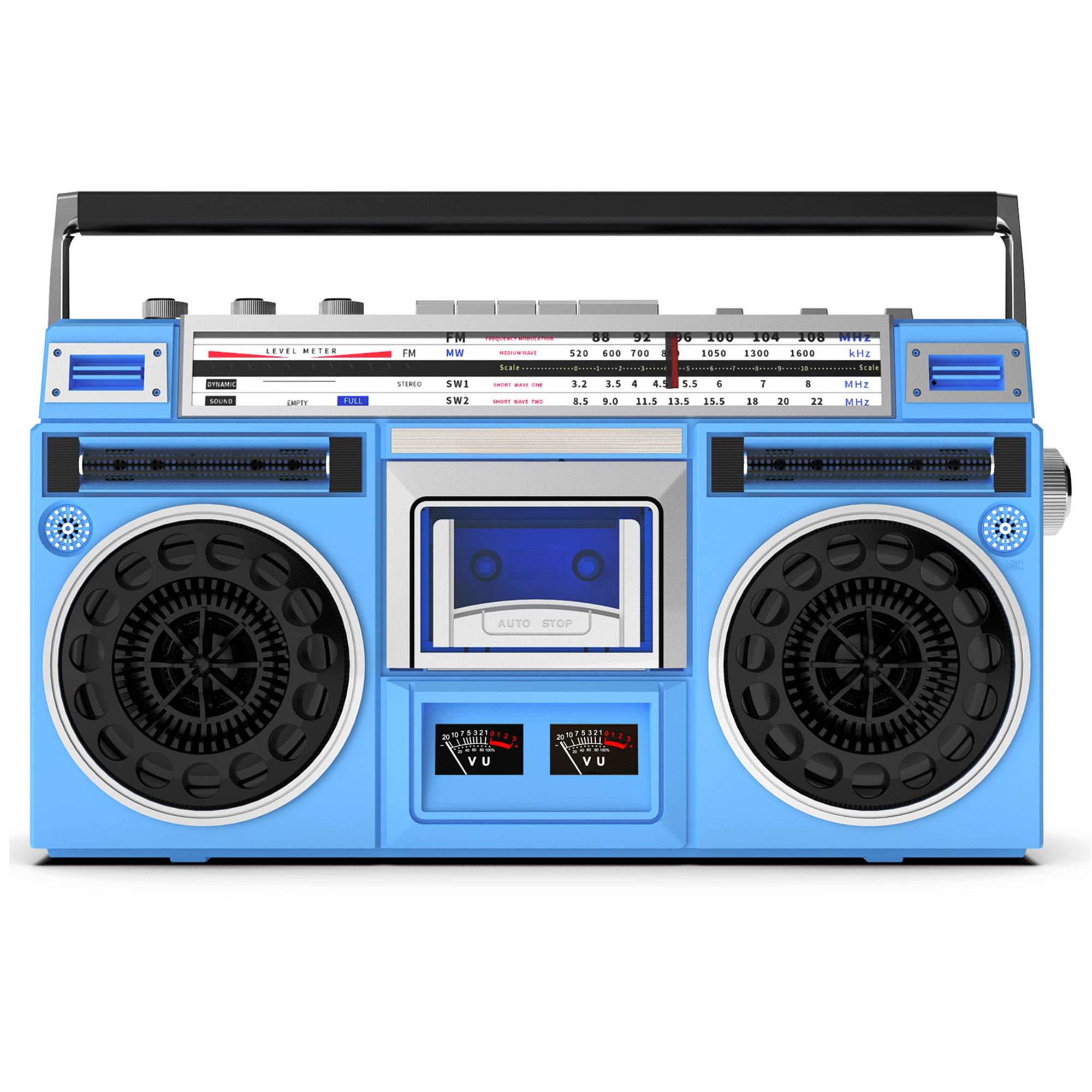 Eine blaue Boombox mit zwei Lautsprechern, einem Kassettenschlitz und verschiedenen Knöpfen. Sie steht auf weißem Hintergrund.