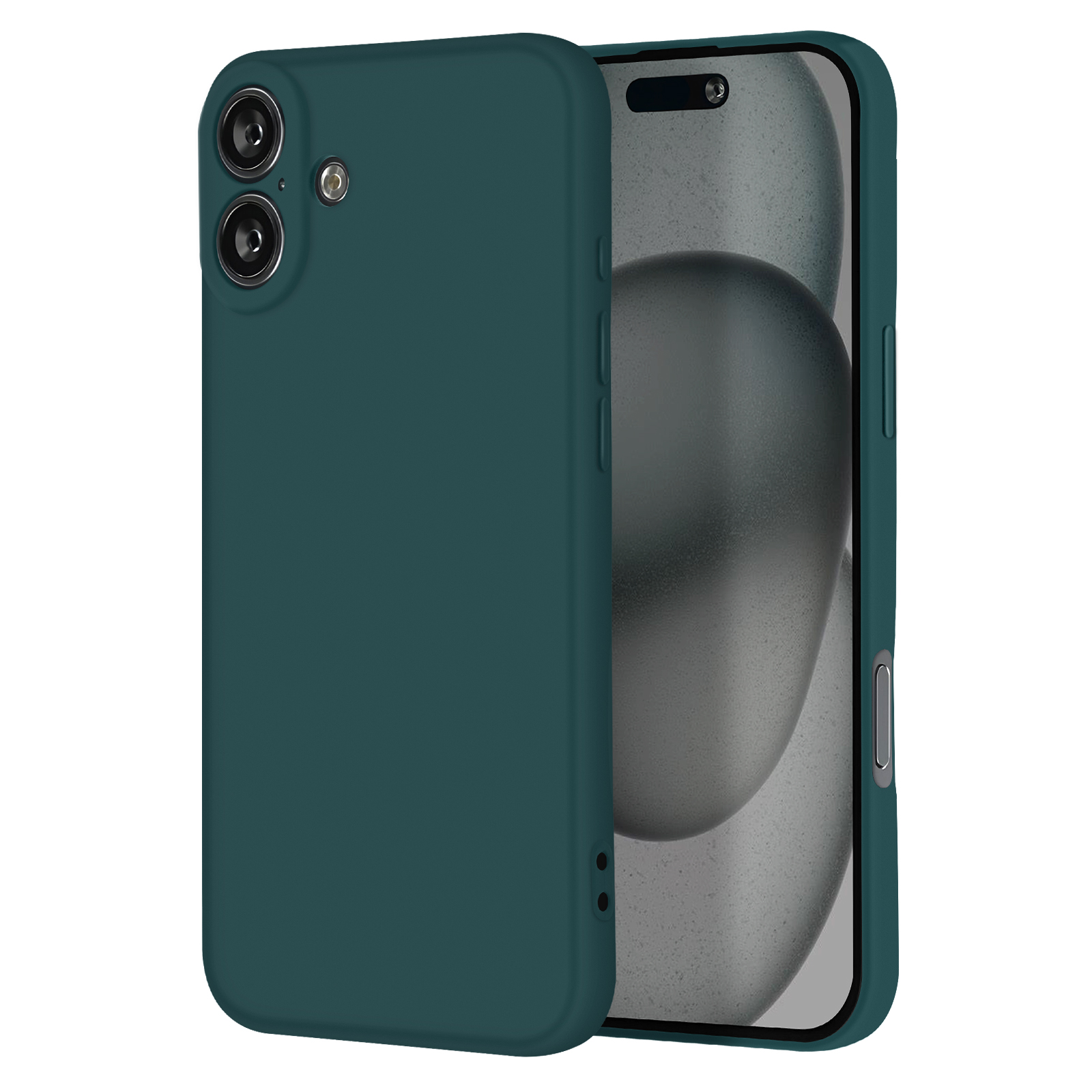 Custodia per telefono verde acqua su un telefono. Mostra la fotocamera e i pulsanti del volume.