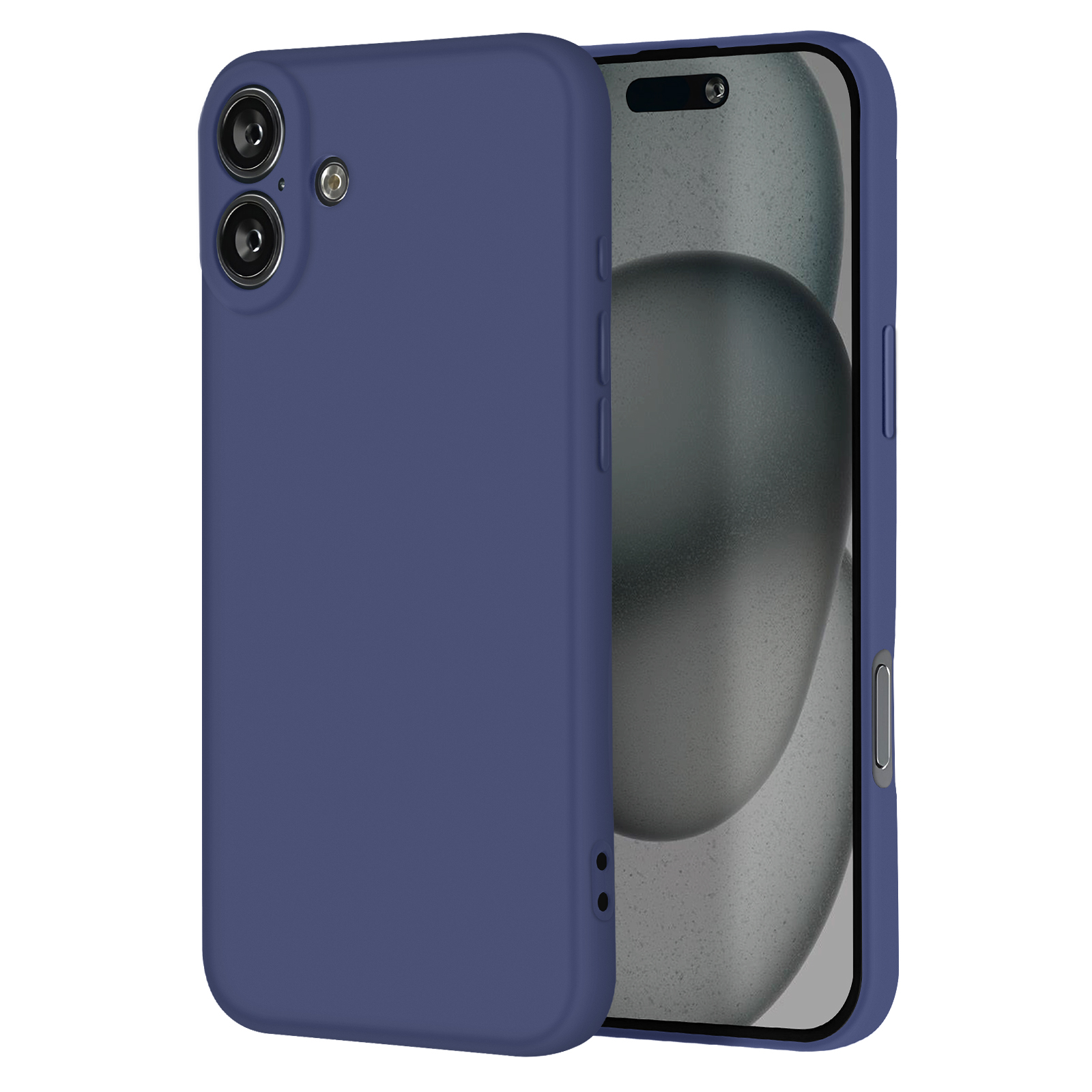 Custodia blu su un telefono, con fotocamera e schermo visibili, sfondo bianco.
