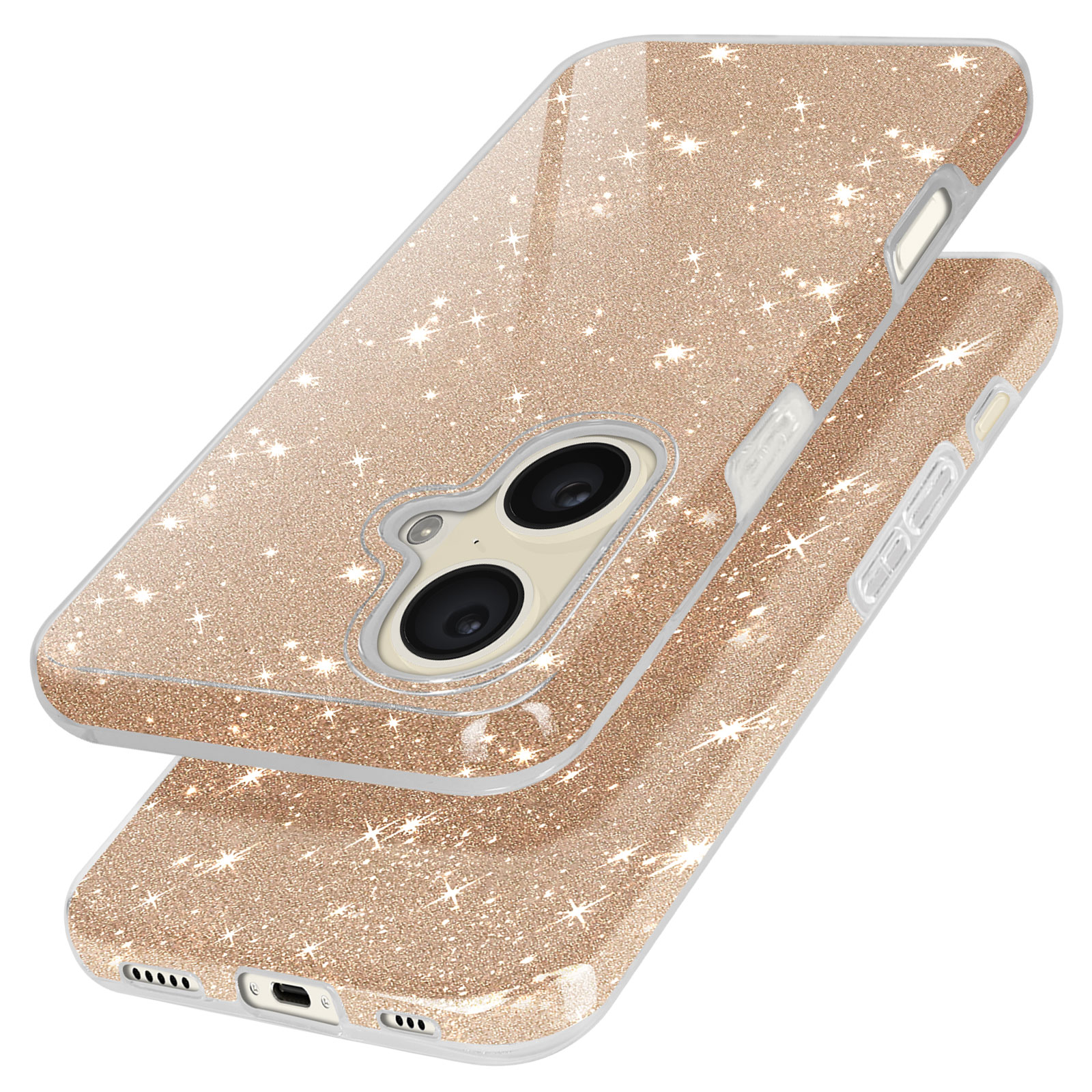 Zwei roségoldene Handyhüllen mit einem glitzernden Glitzerdesign, das den Kamerabereich zeigt.