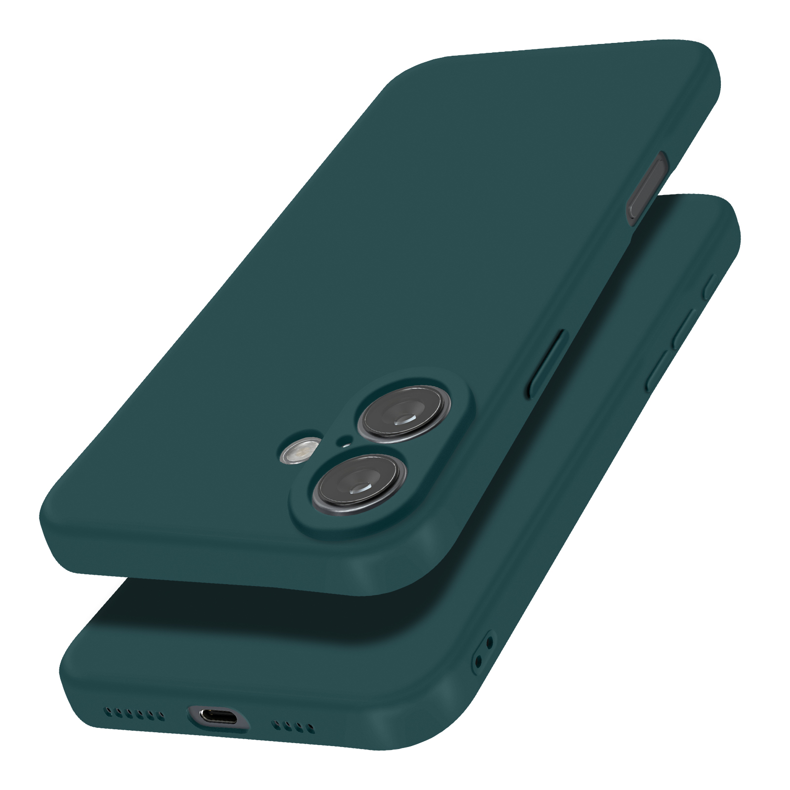 Due custodie per telefono verde scuro, una sopra l'altra, angolate per la presentazione.