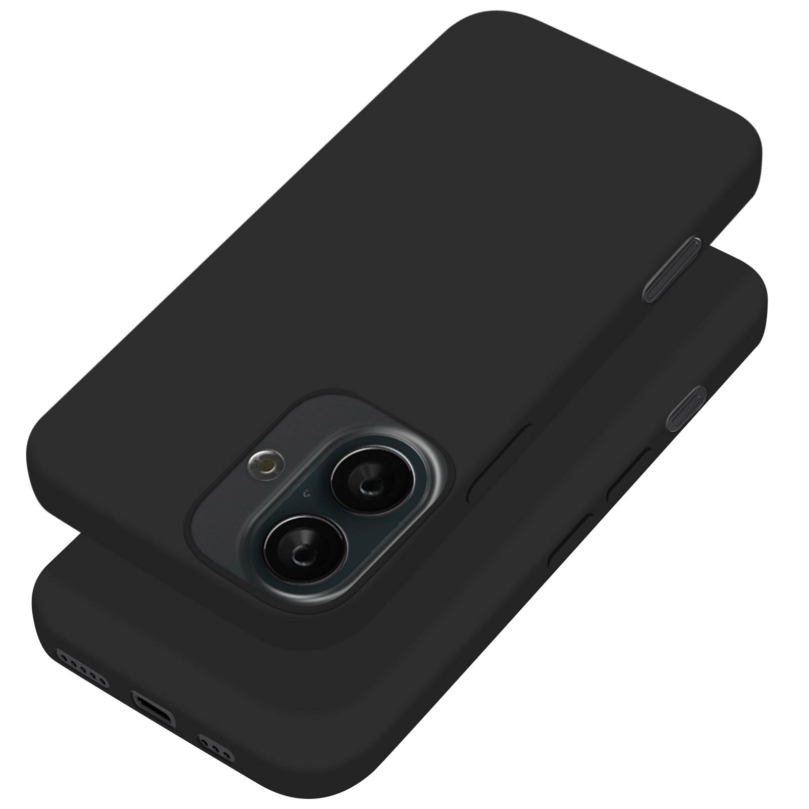Due custodie nere per telefono, una sopra l'altra, che mostrano ritagli della fotocamera e pulsanti.