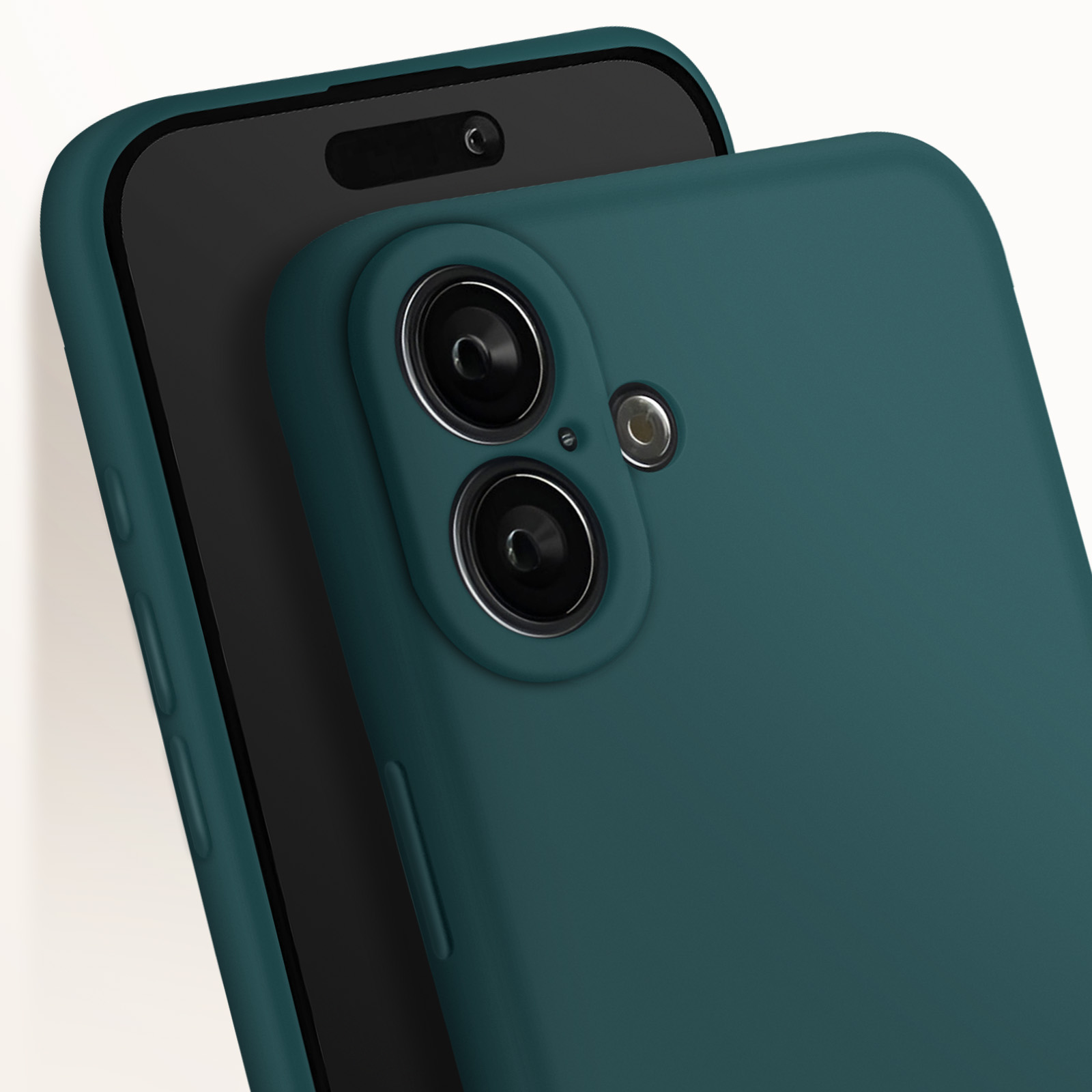 Due smartphone verde acqua, uno davanti all'altro. Gli obiettivi della fotocamera sono visibili.