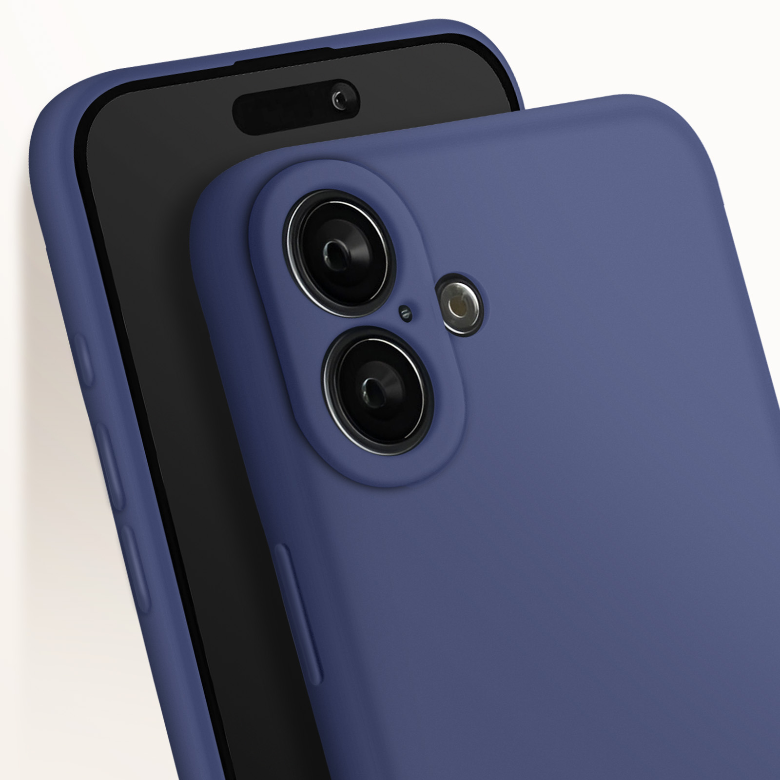 Primo piano di un telefono blu con custodia blu, su sfondo bianco.