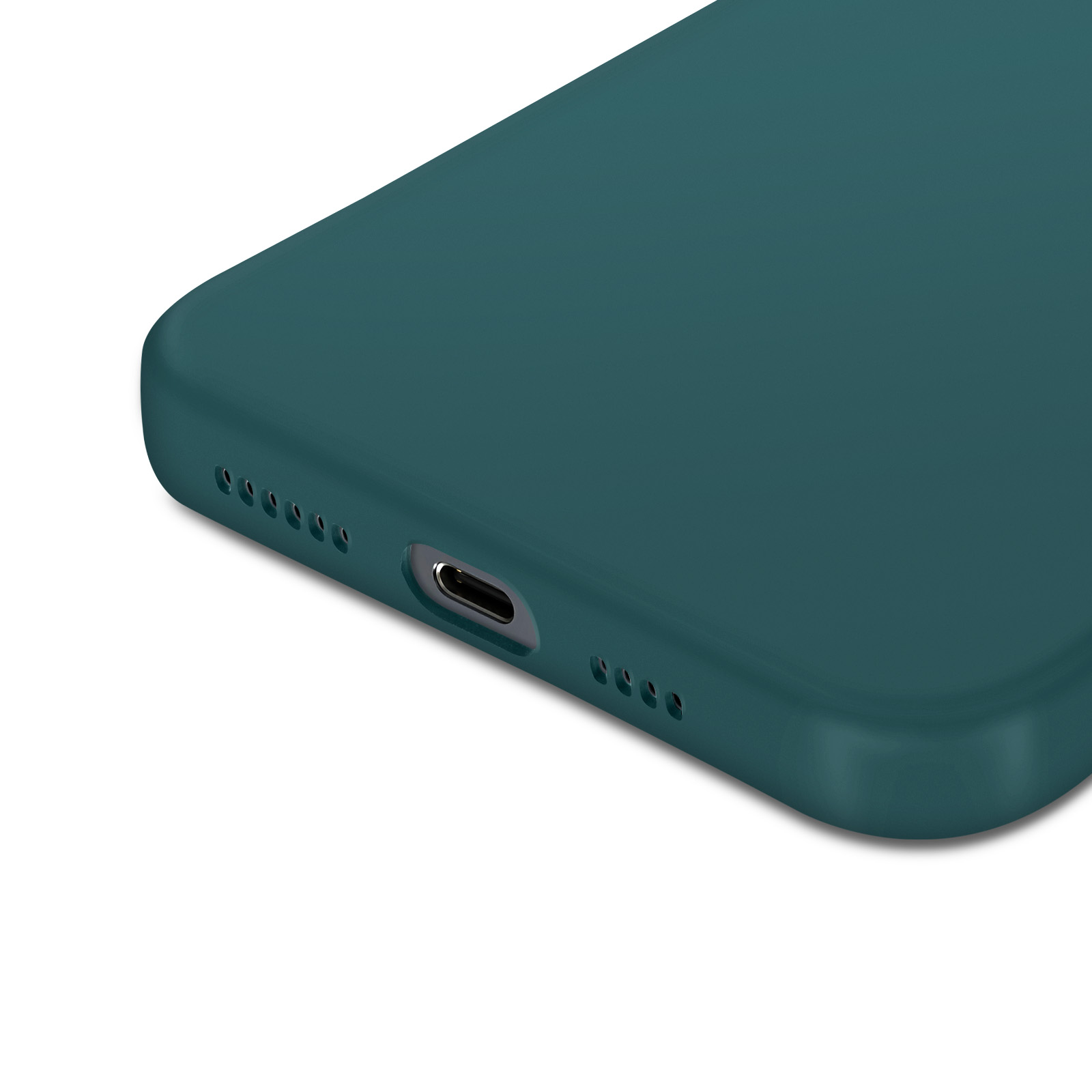 Custodia per telefono color verde acqua. La parte inferiore ha fori per altoparlanti.