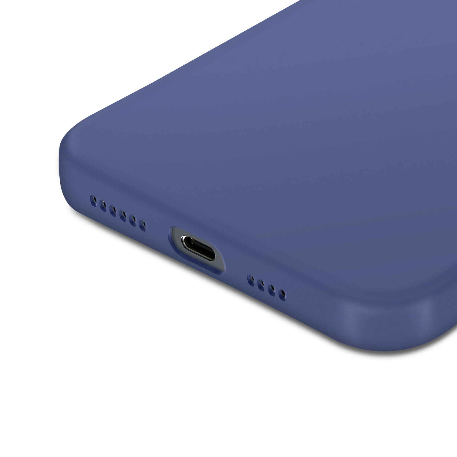Primo piano di un dispositivo blu con porta di ricarica e fori per altoparlanti su sfondo bianco.
