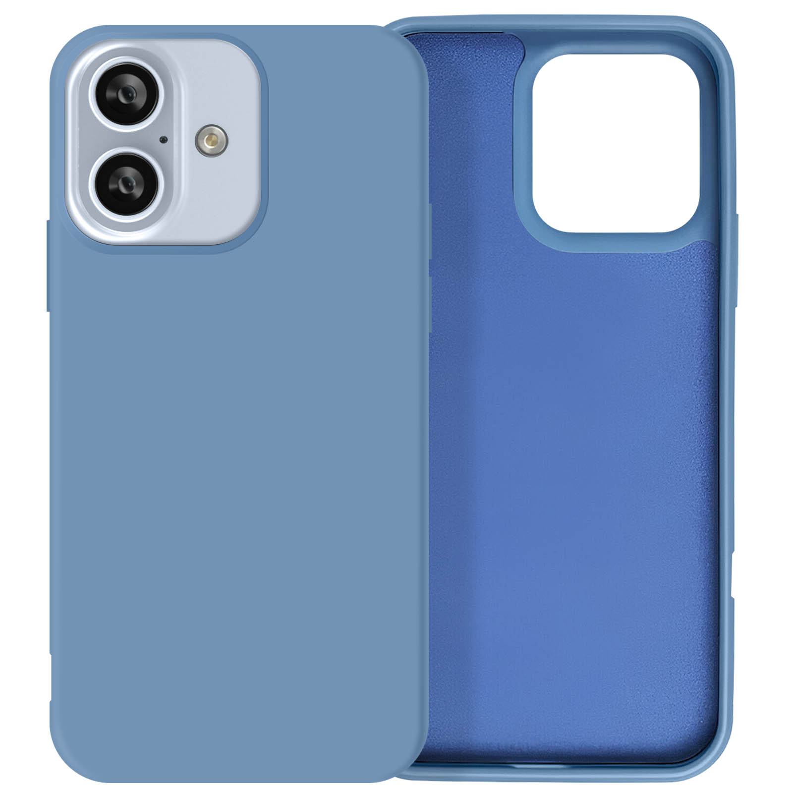 Custodia per telefono blu con interno azzurro, che mostra i ritagli della fotocamera.