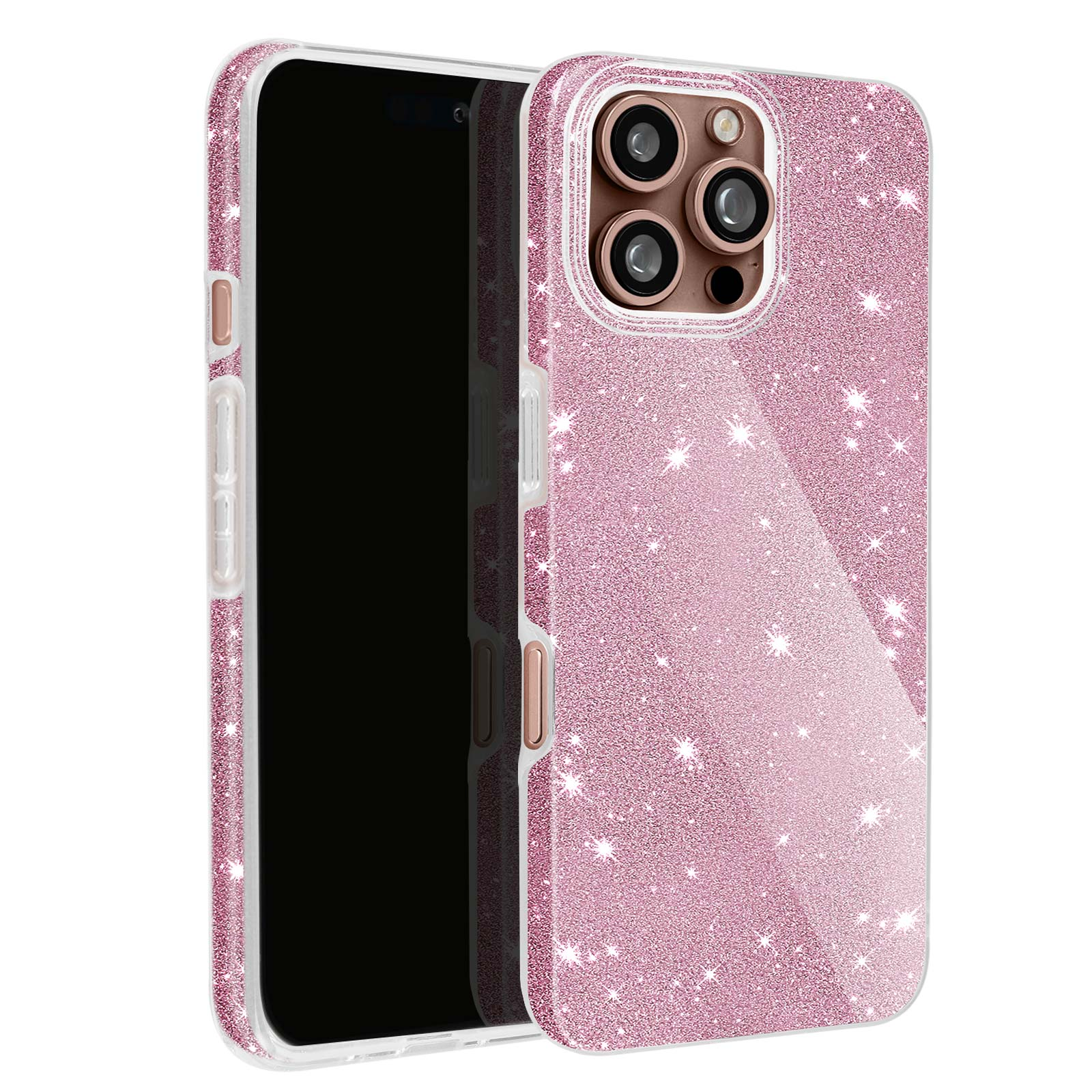 Custodia rosa per telefono con glitter, cornice bianca e telefono nero. Lo sfondo è bianco.