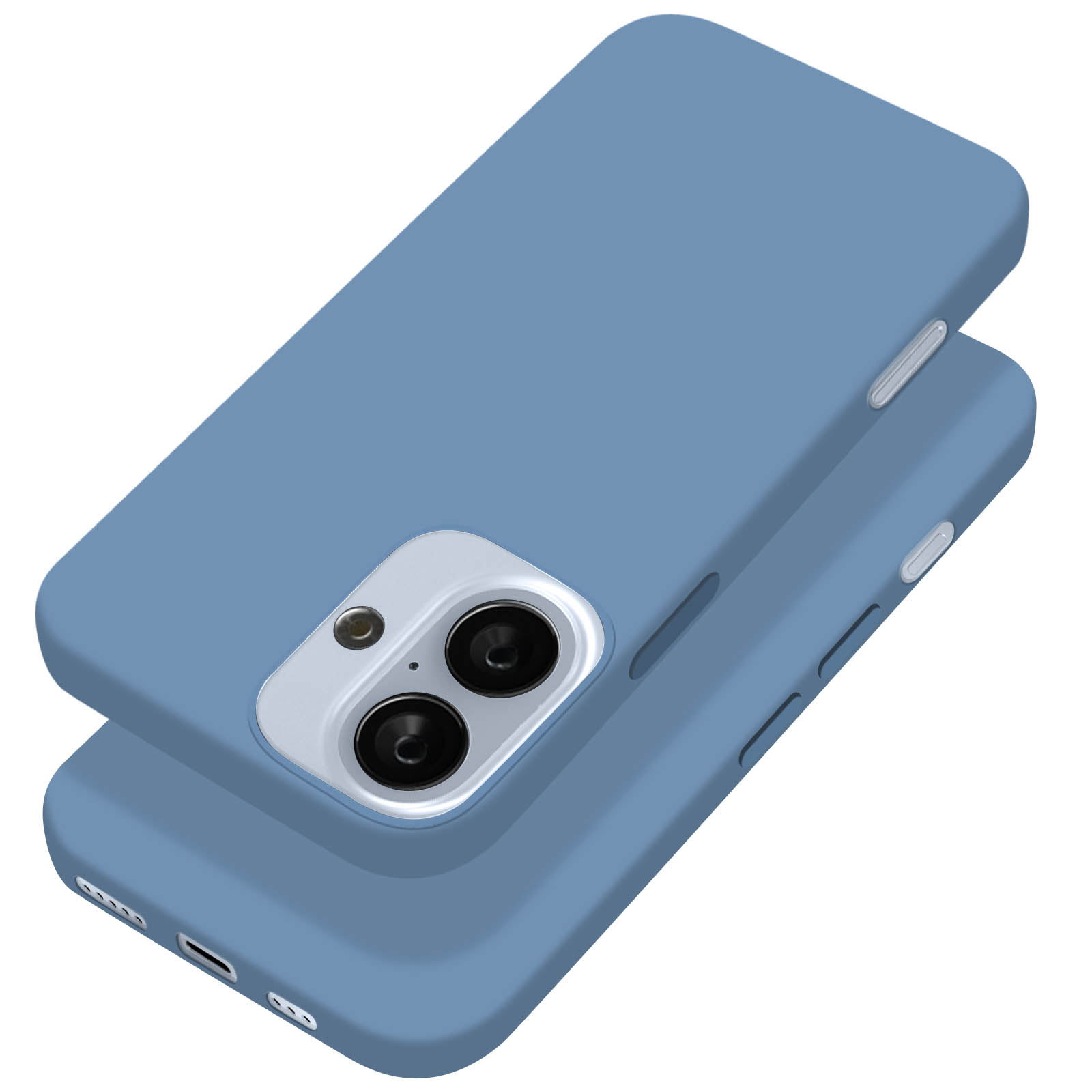 Due custodie per telefono azzurre, una impilata sull'altra. Le custodie hanno ritagli per la fotocamera.