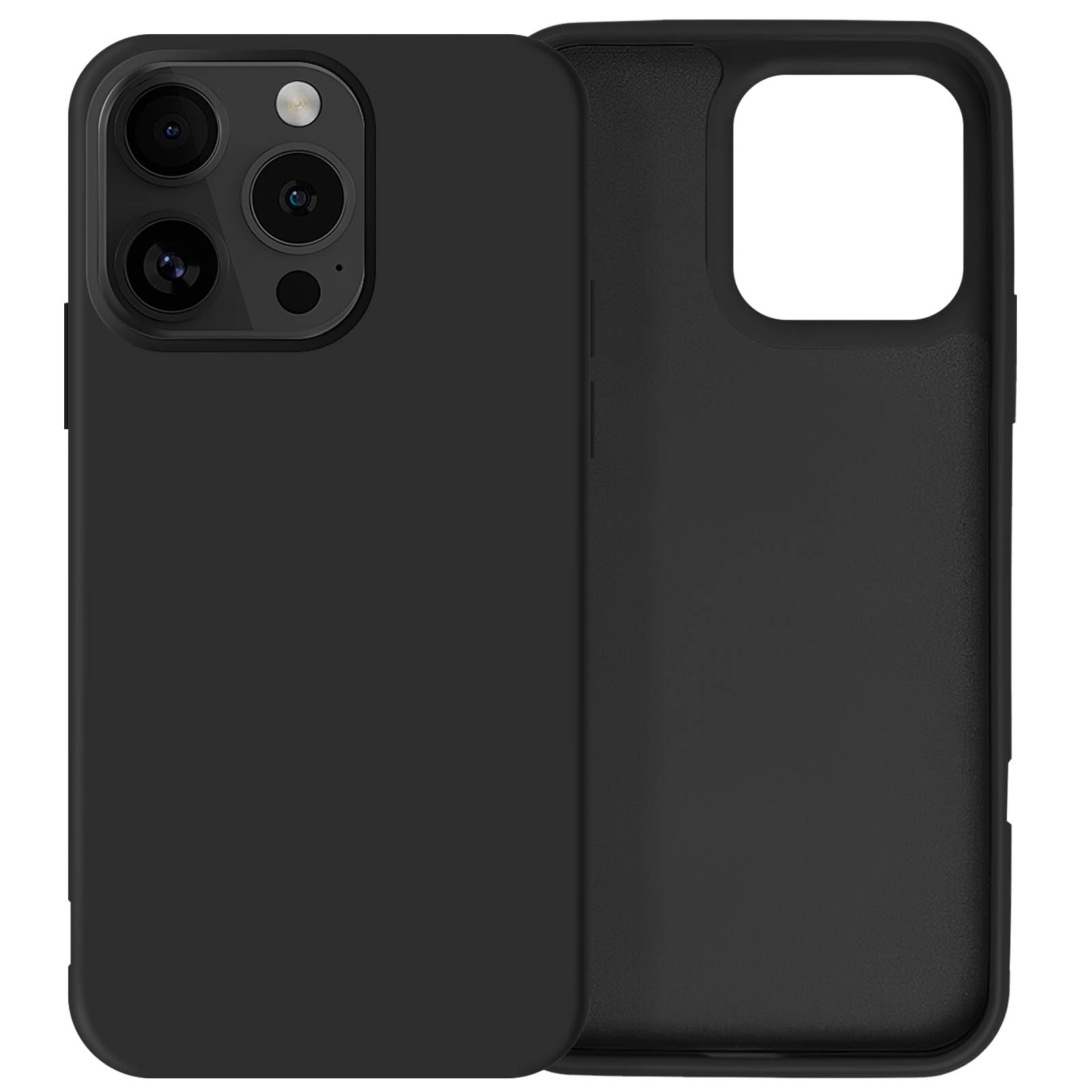 Una custodia per telefono nera con ritagli per fotocamera, su sfondo bianco.
