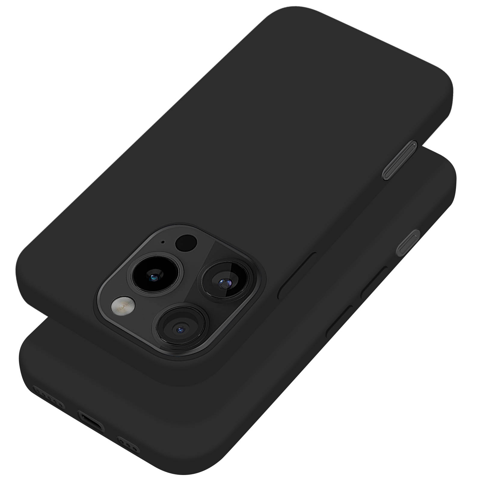 Due custodie nere per telefoni impilate. Una sopra l'altra, che mostra le lenti della fotocamera.