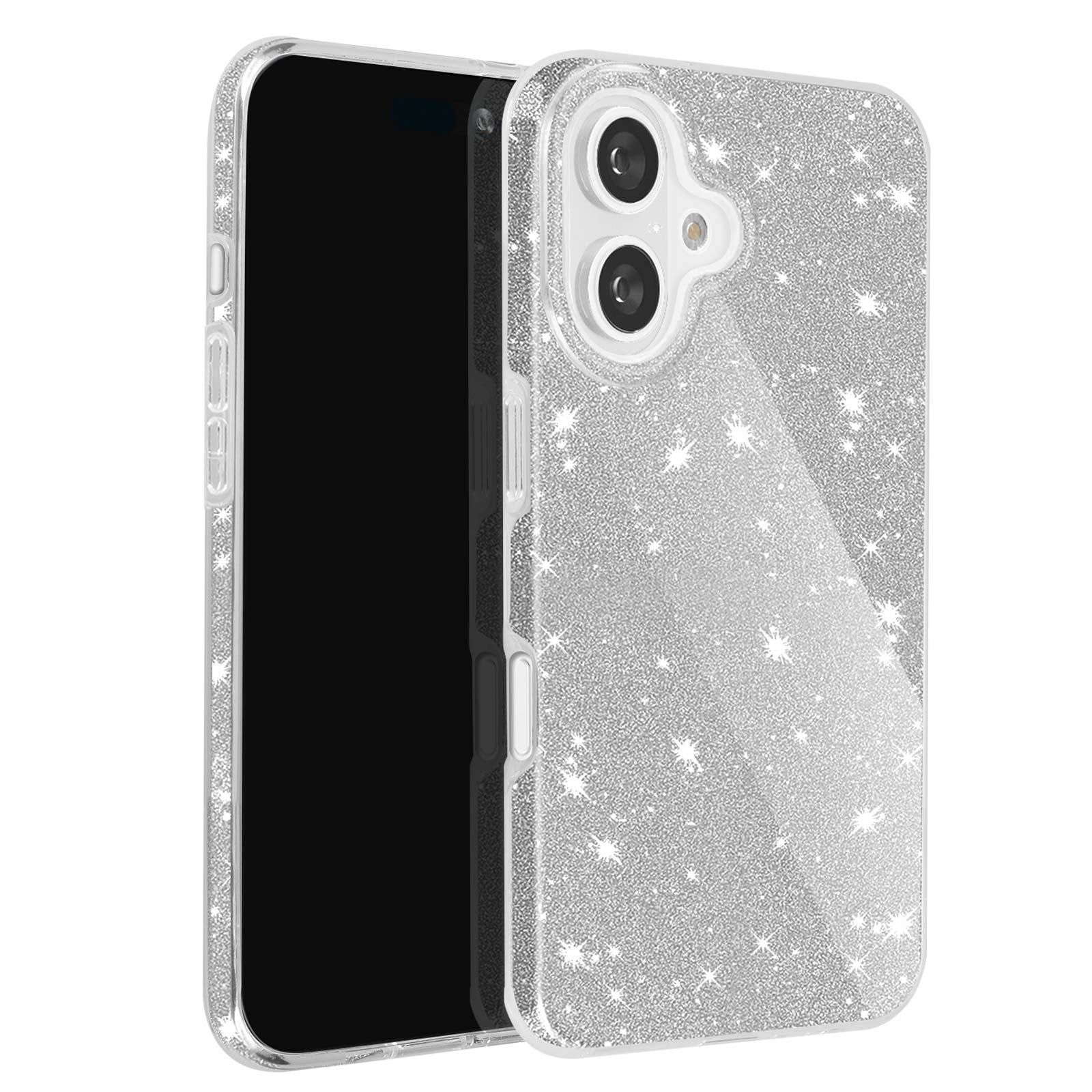 Custodia per telefono glitterata argento con telefono nero all'interno. Bordi e ritagli.