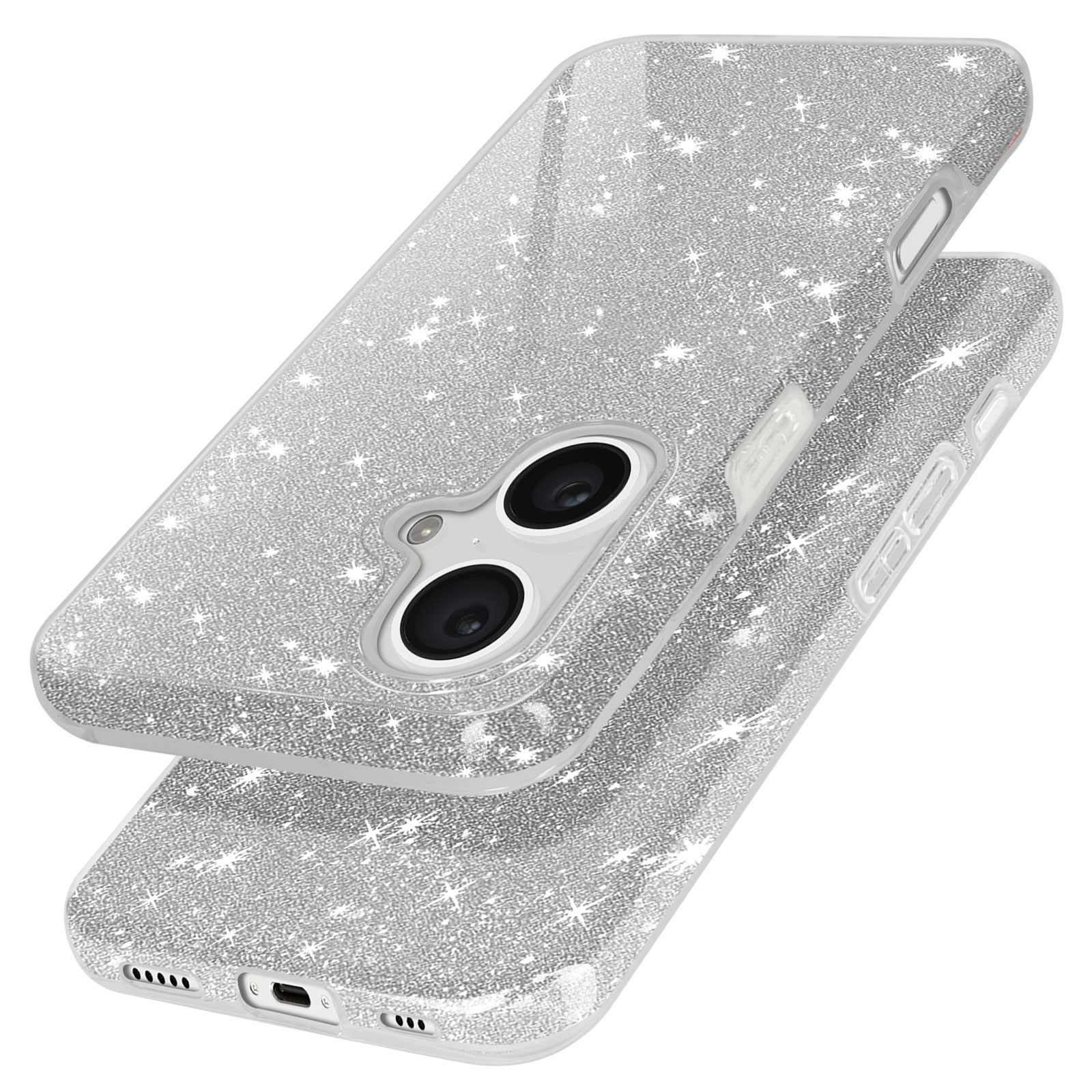 Custodia trasparente per telefono con glitter. Due custodie impilate. Fotocamera del telefono visibile.