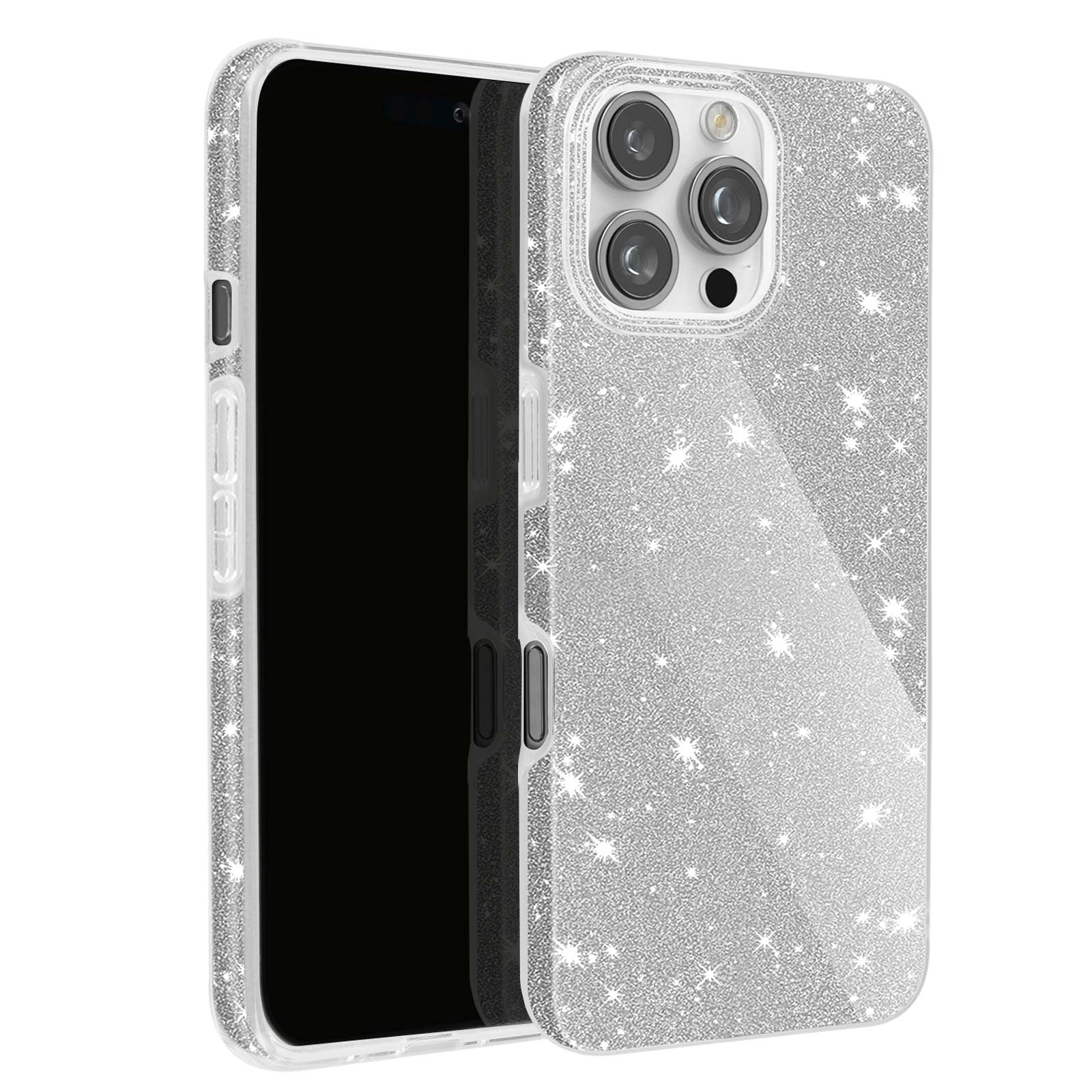 Una custodia per telefono glitterata argentata con un telefono all'interno. La custodia ha un ritaglio.