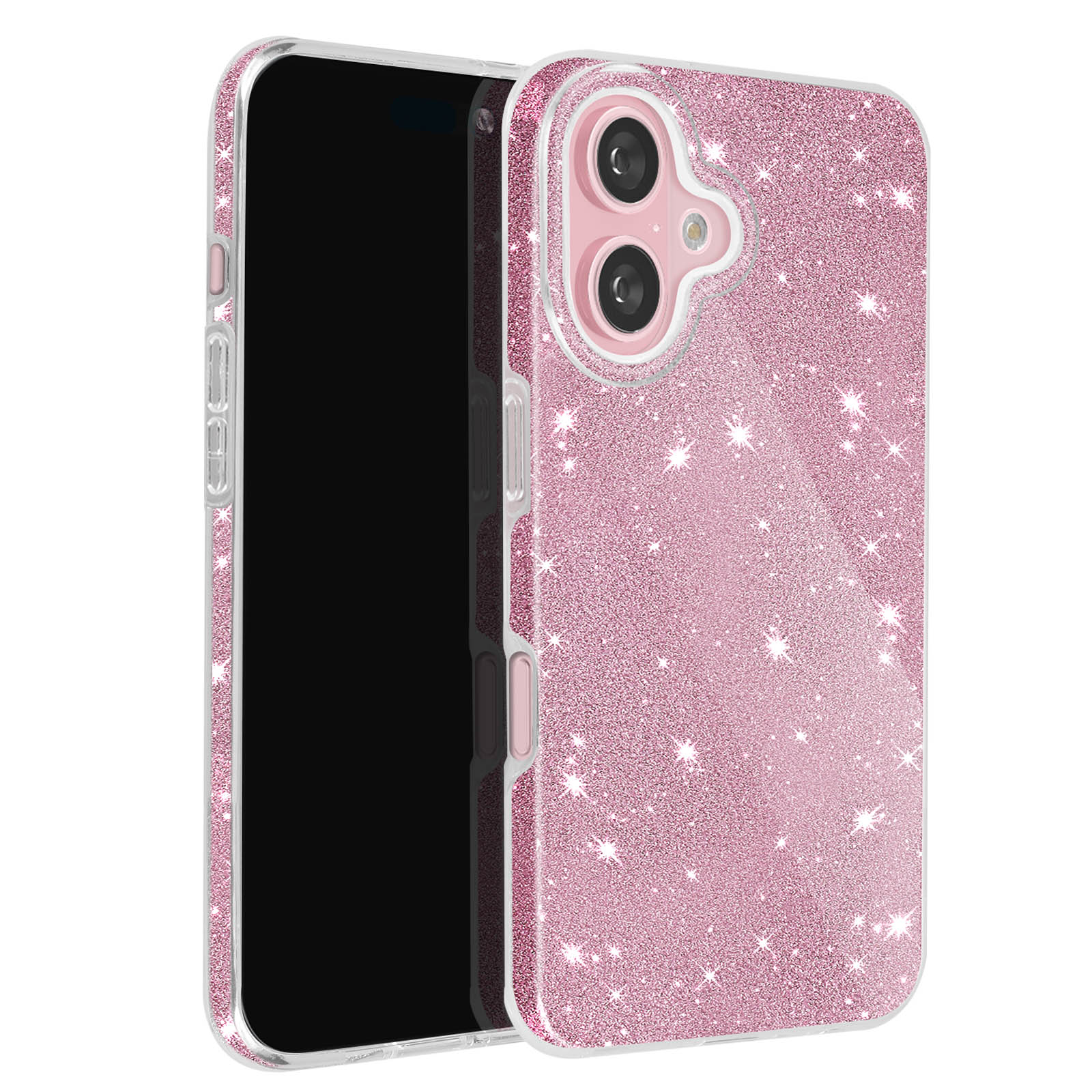 Due custodie rosa glitterate per telefono. Un telefono è all'interno di una custodia. Lo sfondo è bianco.