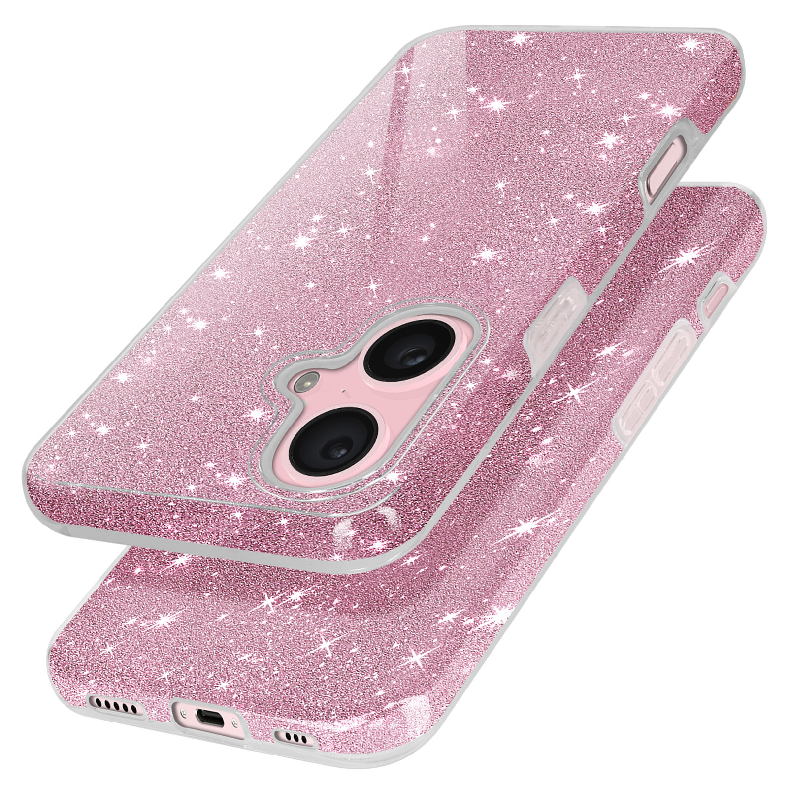 Custodie per telefono con glitter rosa, una sopra l'altra. Sfondo bianco.