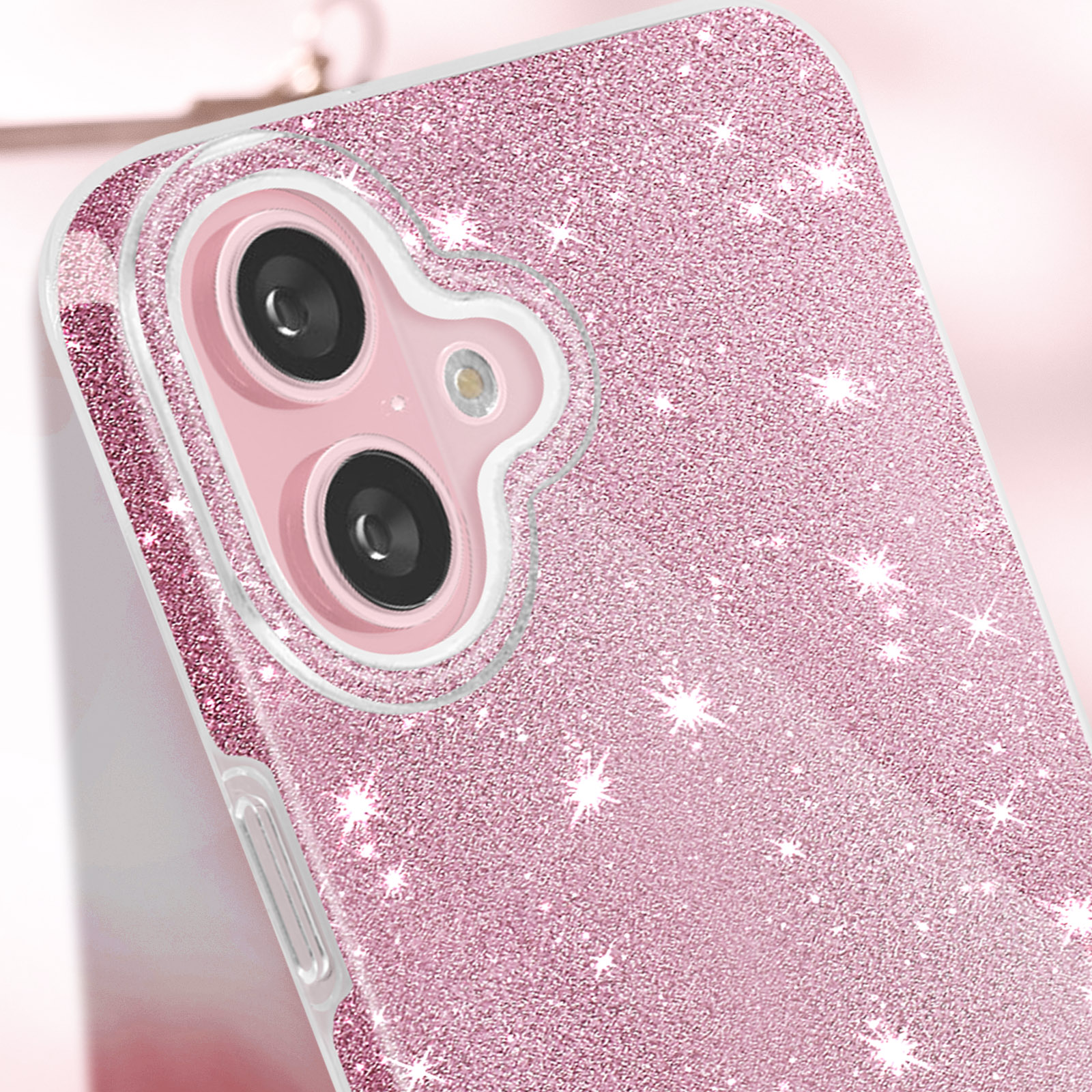 Una custodia per telefono rosa con glitter attorno alla fotocamera.