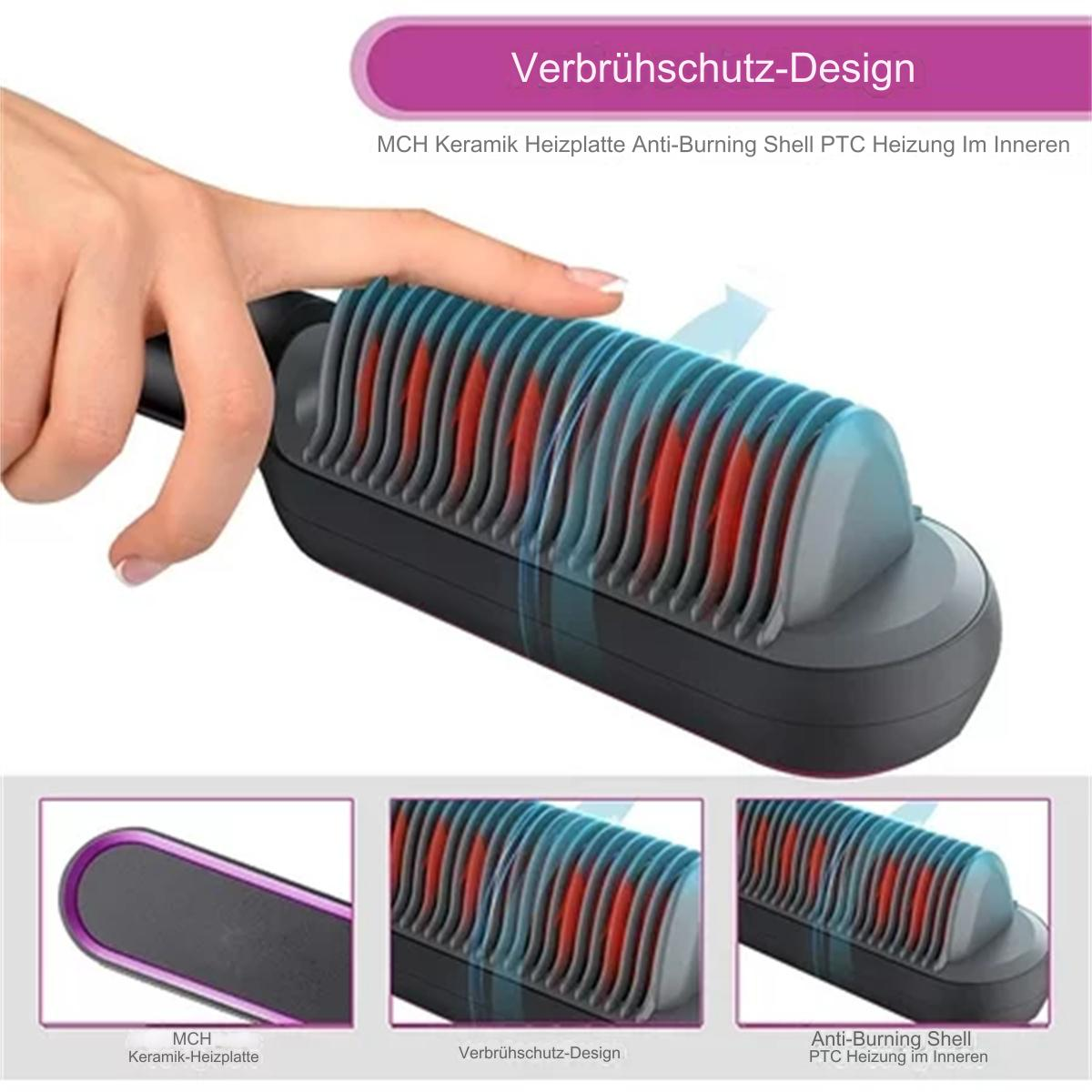 Hand hält einen schwarzen und grauen Haarglätter. Details des Inneren und der Funktionen werden gezeigt.