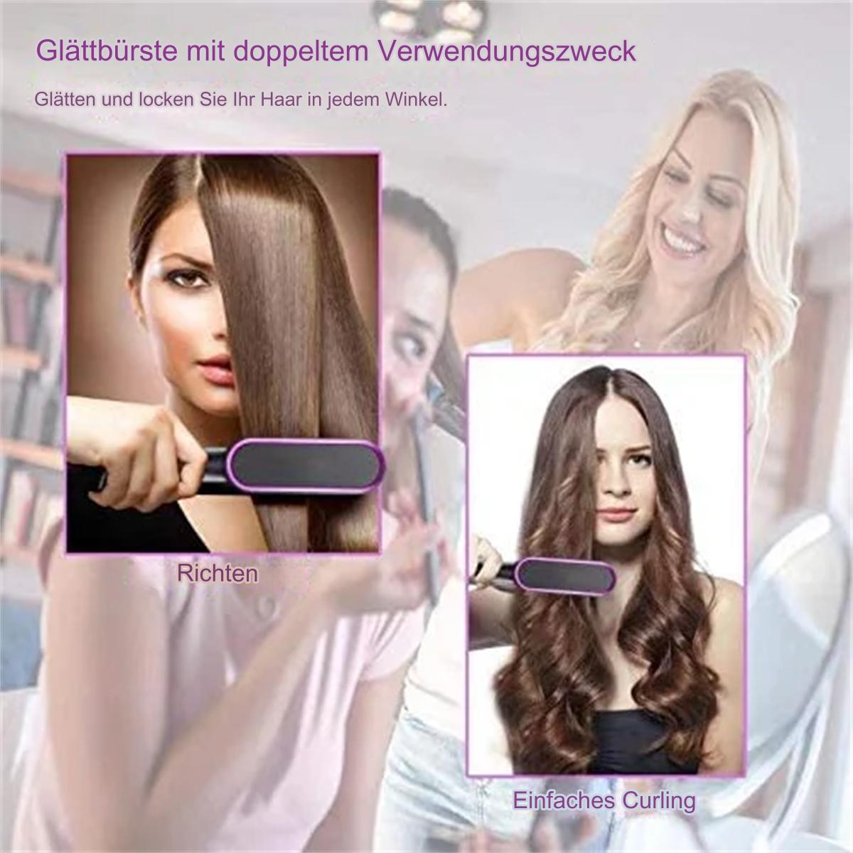 Zwei Frauen mit glattem und lockigem Haar, die eine Haarglättungsbürste verwenden. Text sagt 'Richtin'.