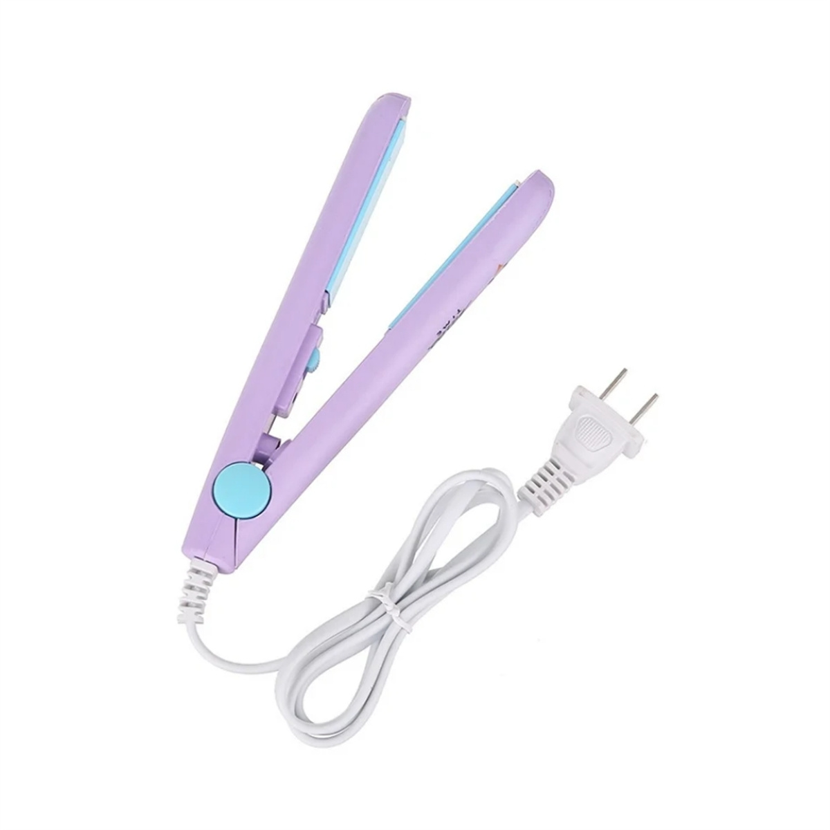 Lila-blaues Glätteisen mit weißem Kabel und blauem Knopf.