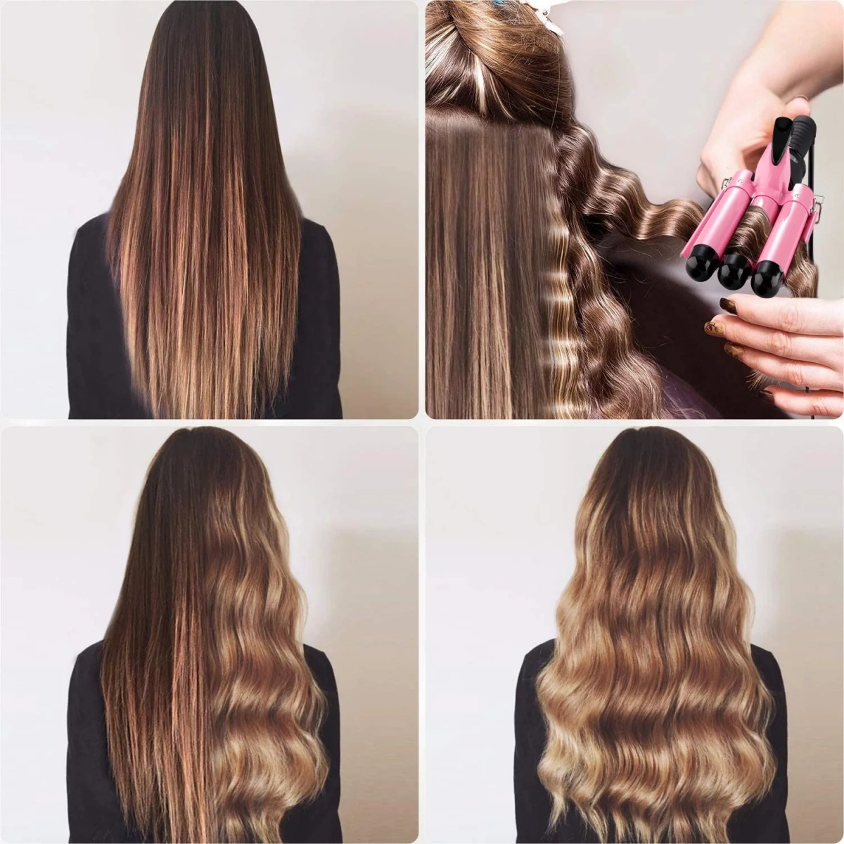 Vier Bilder, die den Haarstyling-Prozess zeigen. Das Haar ist glatt und dann wellig mit Lockenstab.