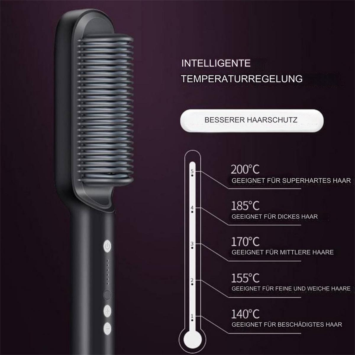 Eine schwarze Haarglättungsbürste mit Temperaturanzeige von 140°C bis 200°C.