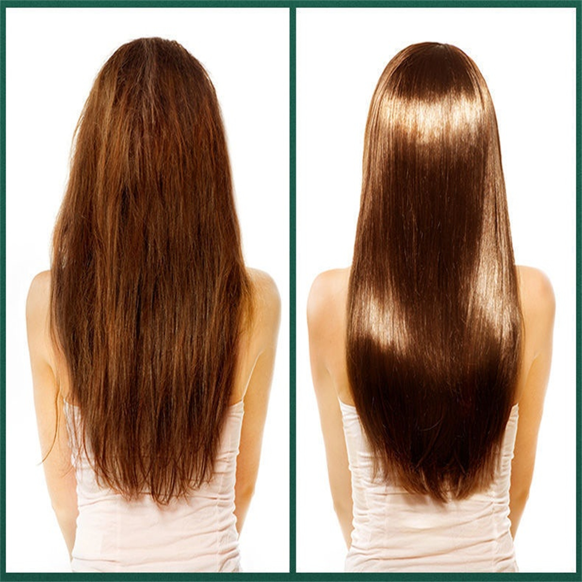 Zwei Bilder zeigen Haare vor und nach einer Behandlung. Vorher: krauses Haar, nachher: glattes Haar.